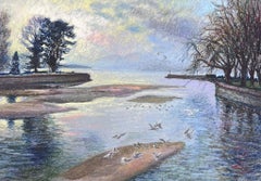 Weiße Vögel fliegen über blaue Seen Große 1970er Jahre Französisch Impressionist Pastell 