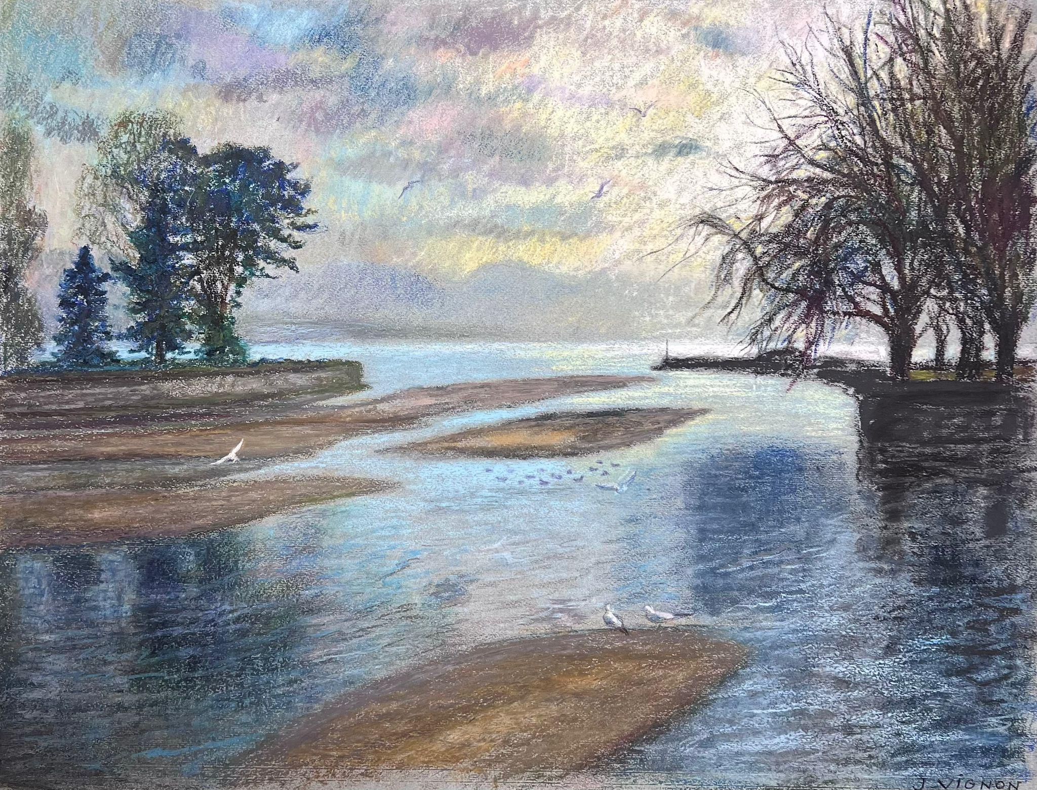 Weiße Vögel, die über applizierte Lichtsee fliegen, 1970er Jahre, Französisch-impressionistisches Pastell – Painting von Josine Vignon