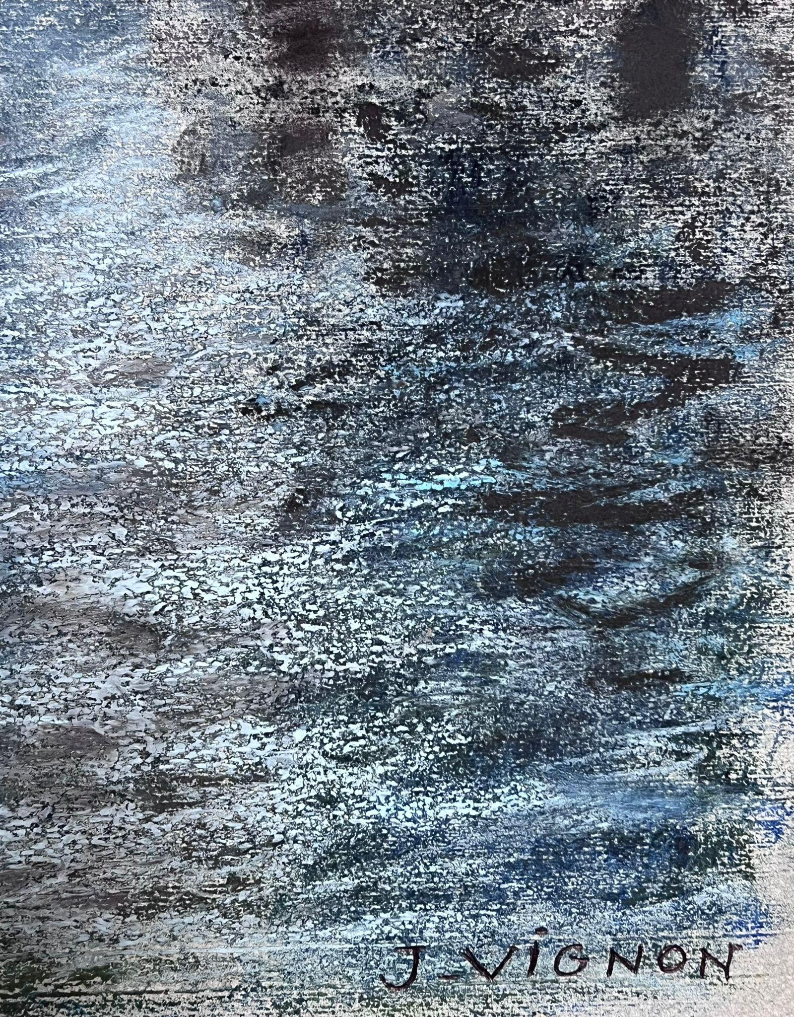 Weiße Vögel, die über applizierte Lichtsee fliegen, 1970er Jahre, Französisch-impressionistisches Pastell (Grau), Landscape Painting, von Josine Vignon