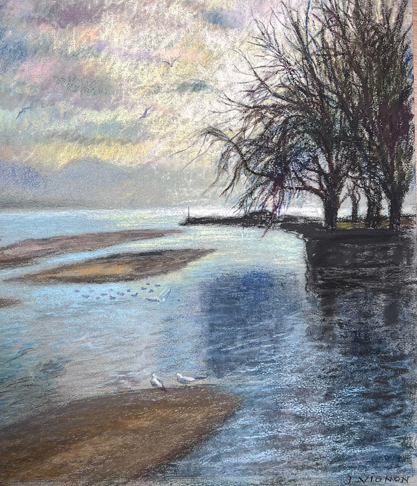 Weiße Vögel, die über applizierte Lichtsee fliegen, 1970er Jahre, Französisch-impressionistisches Pastell im Angebot 3
