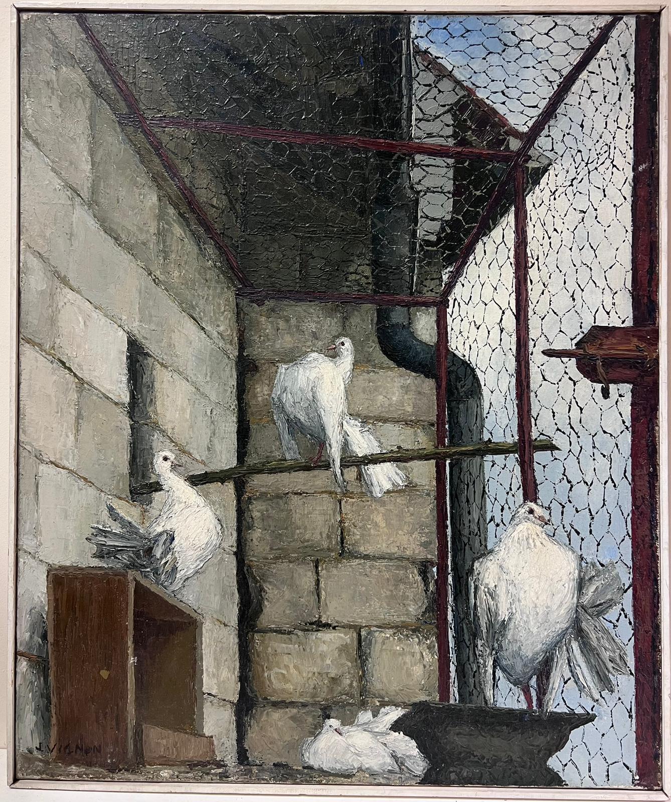 Pigeons blancs dans une cage à oiseaux Huile post-impressionniste française du milieu du siècle dernier  - Painting de Josine Vignon