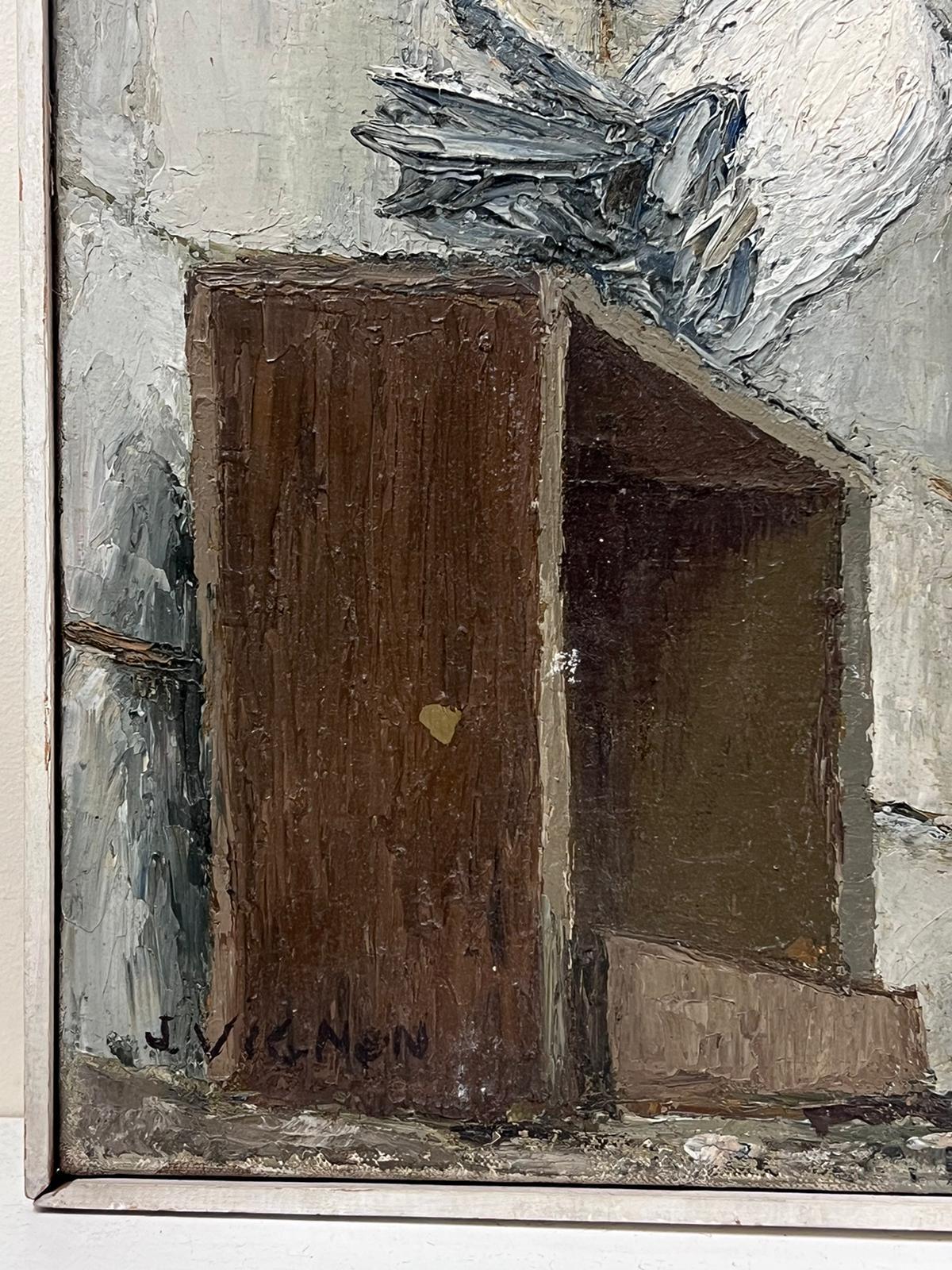 Pigeons blancs dans une cage à oiseaux Huile post-impressionniste française du milieu du siècle dernier  - Impressionnisme Painting par Josine Vignon
