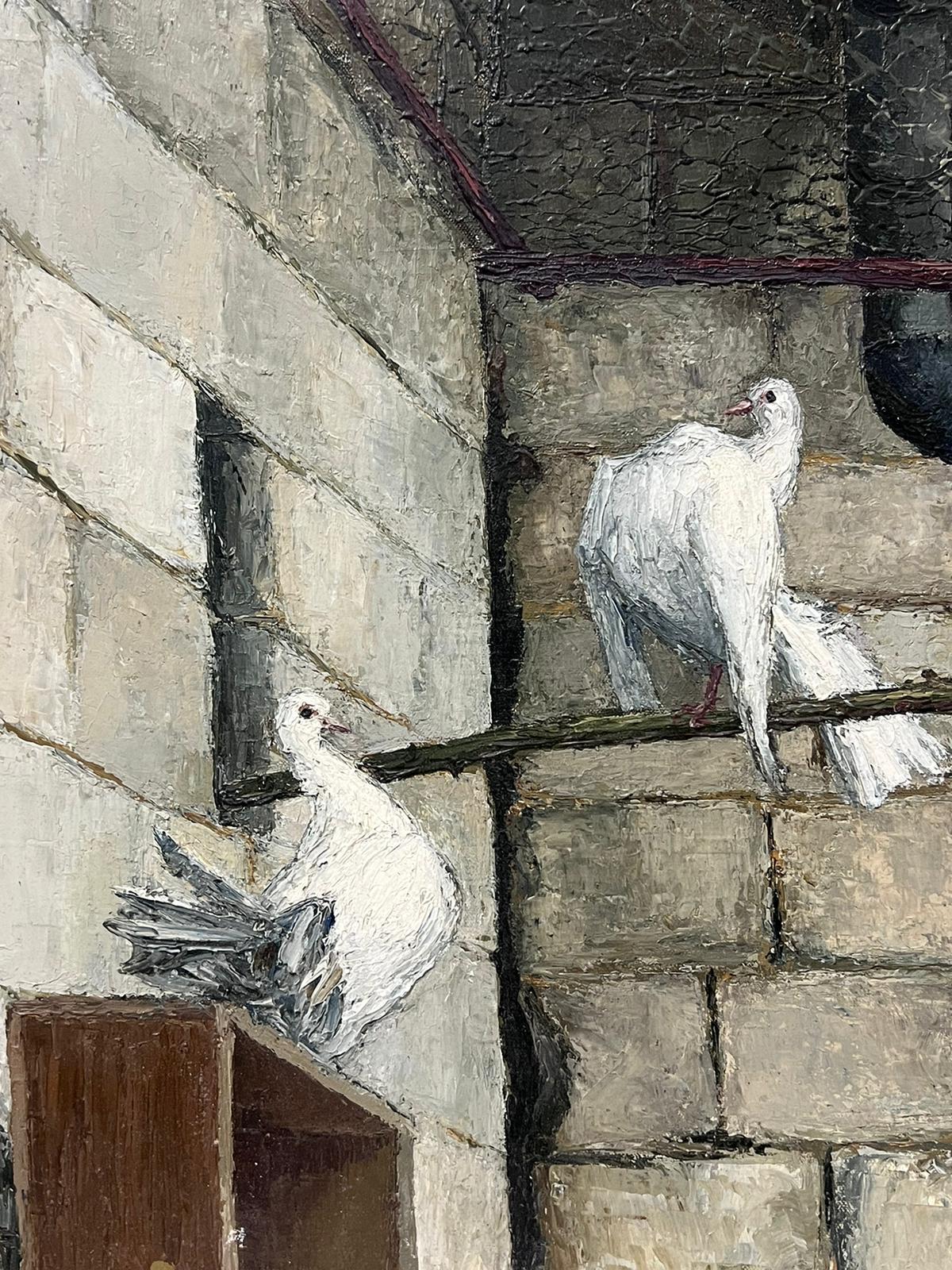 White Doves Pigeons in Bird Cage Mid Century French Post Impressionist Oil  For Sale 2