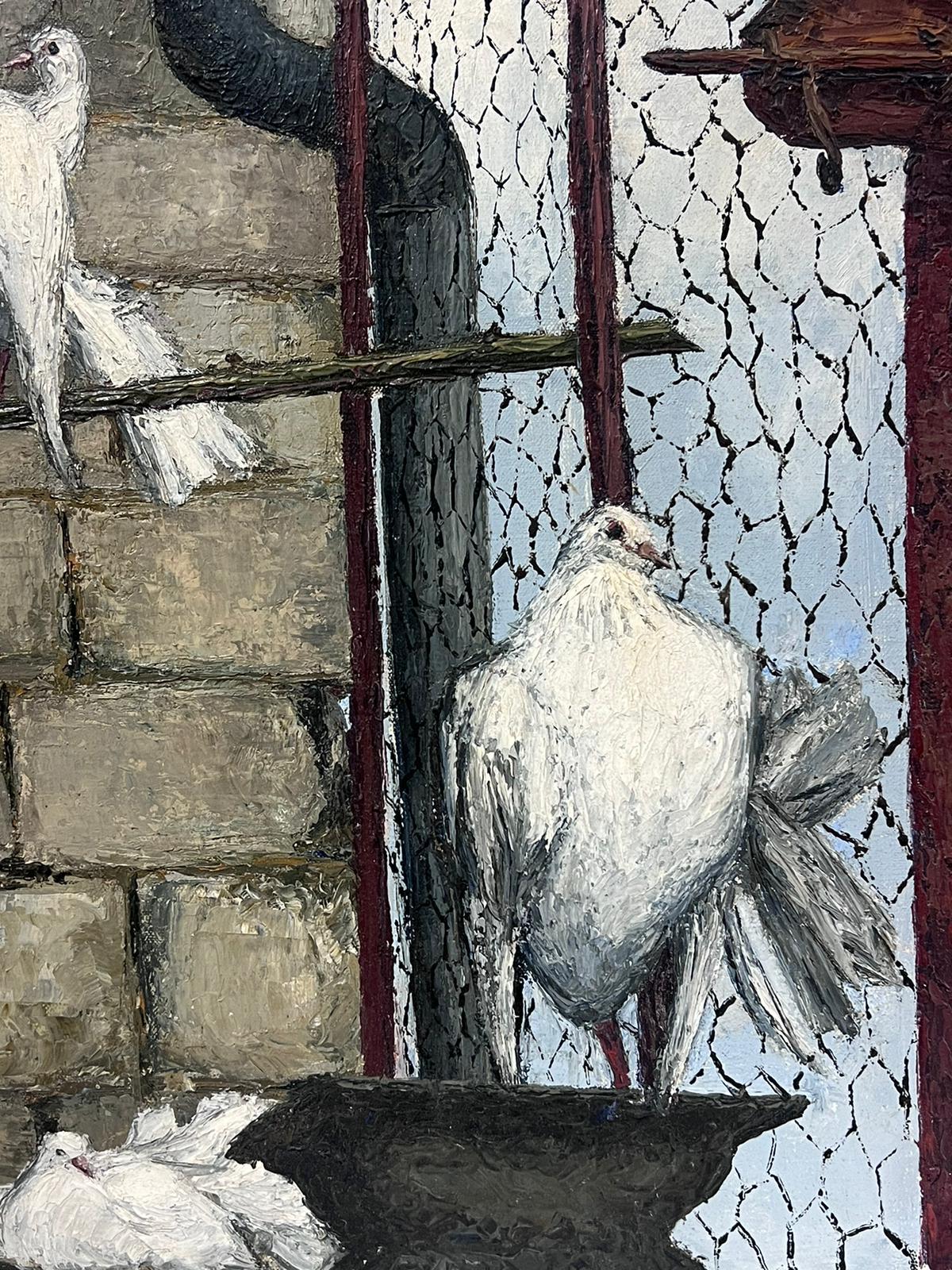 Pigeons blancs dans une cage à oiseaux Huile post-impressionniste française du milieu du siècle dernier  en vente 2