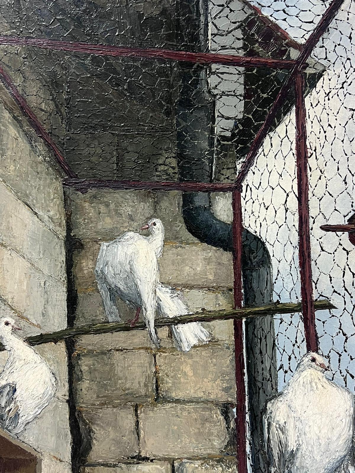 White Doves Pigeons in Bird Cage Mid Century French Post Impressionist Oil  For Sale 4