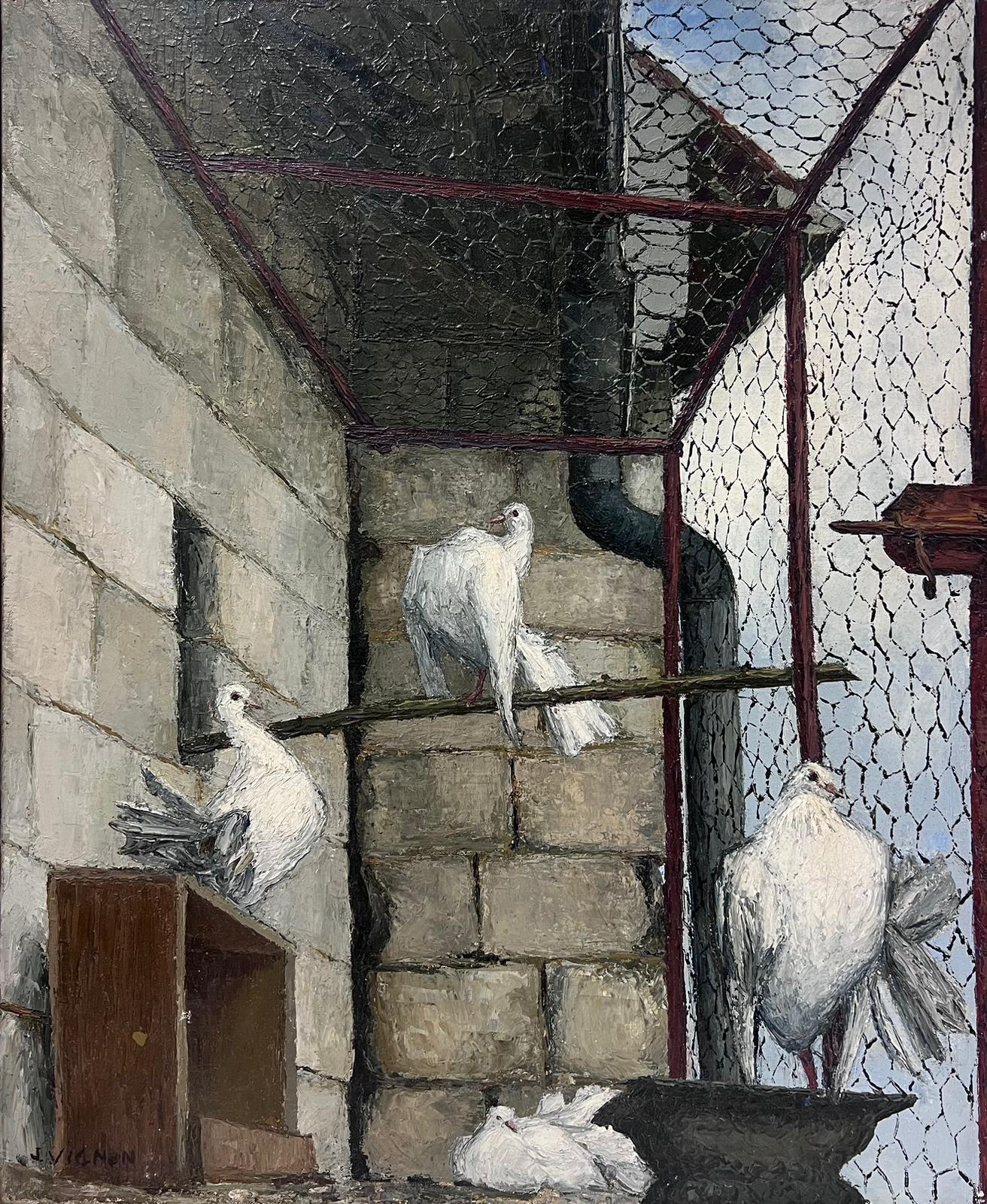 Landscape Painting Josine Vignon - Pigeons blancs dans une cage à oiseaux Huile post-impressionniste française du milieu du siècle dernier 