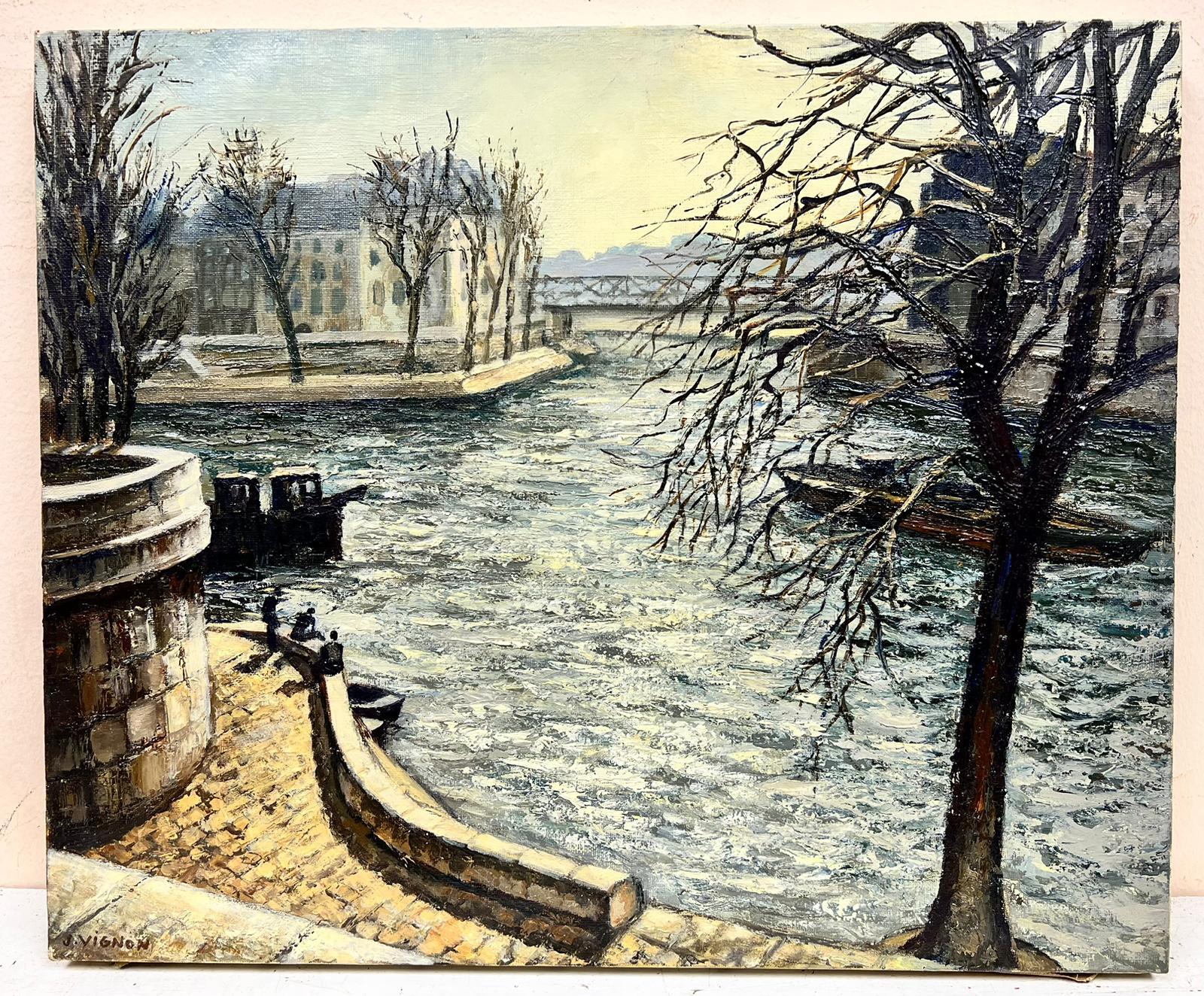 Winter In Paris Along The Seine French Post Impressionist  Signed Oil  - Painting by Josine Vignon