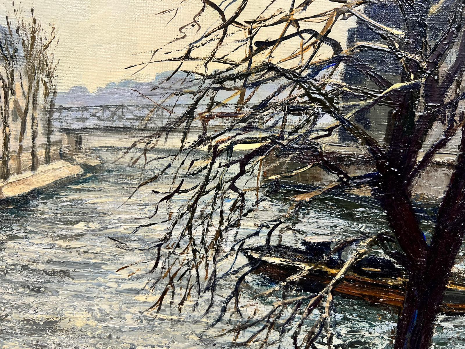 Winter In Paris Along The Seine French Post Impressionist  Signed Oil  For Sale 3