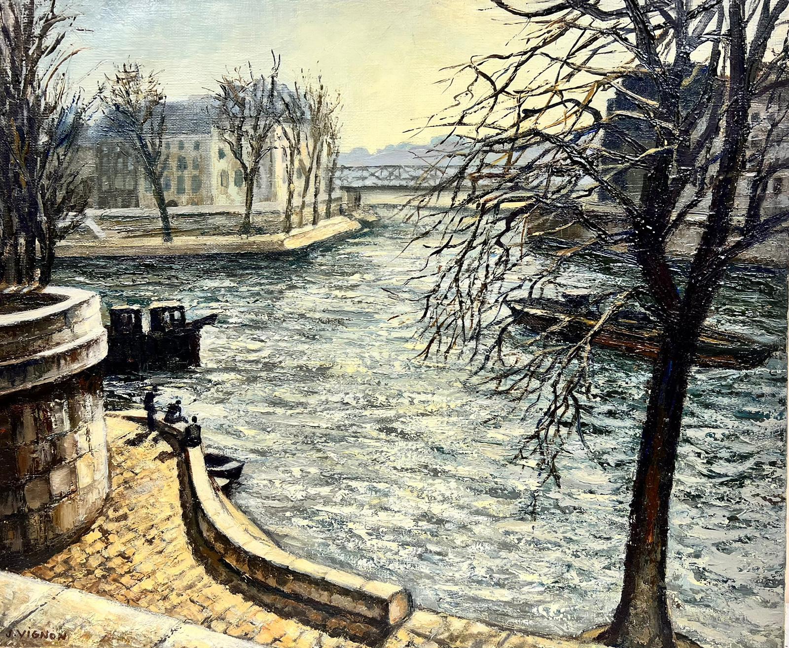 Josine Vignon Landscape Painting - Winter In Paris Along The Seine French Post Impressionist  Signed Oil 