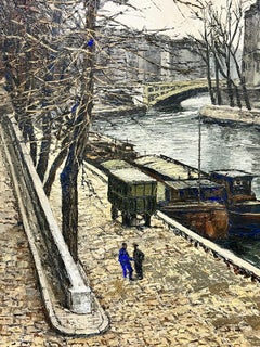 Winter in Paris Banks of the River Seine Huge 1960’s French Signed Oil