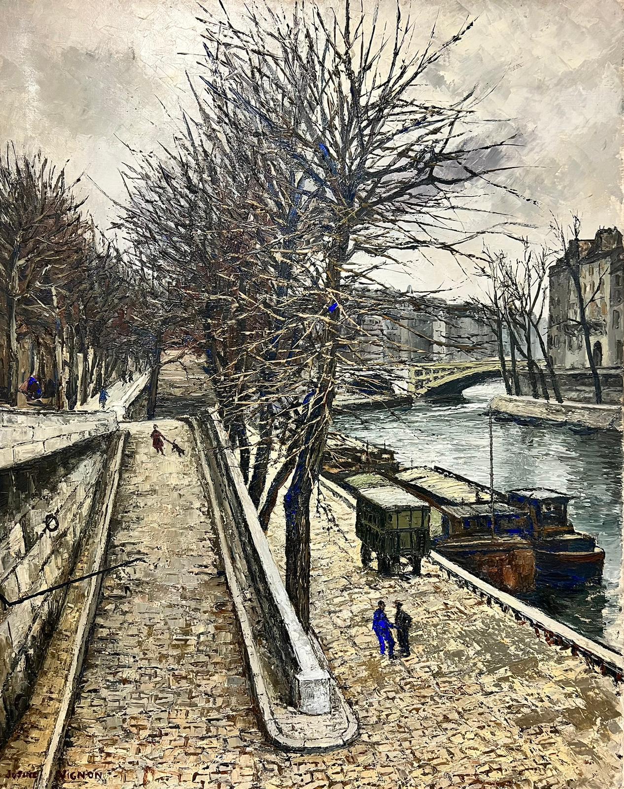 Josine Vignon Figurative Painting - Winter in Paris Banks of the River Seine Huge 1960’s French Signed Oil 