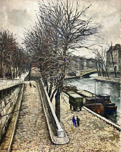 Vintage Winter in Paris Banks of the River Seine Huge 1960’s French Signed Oil 