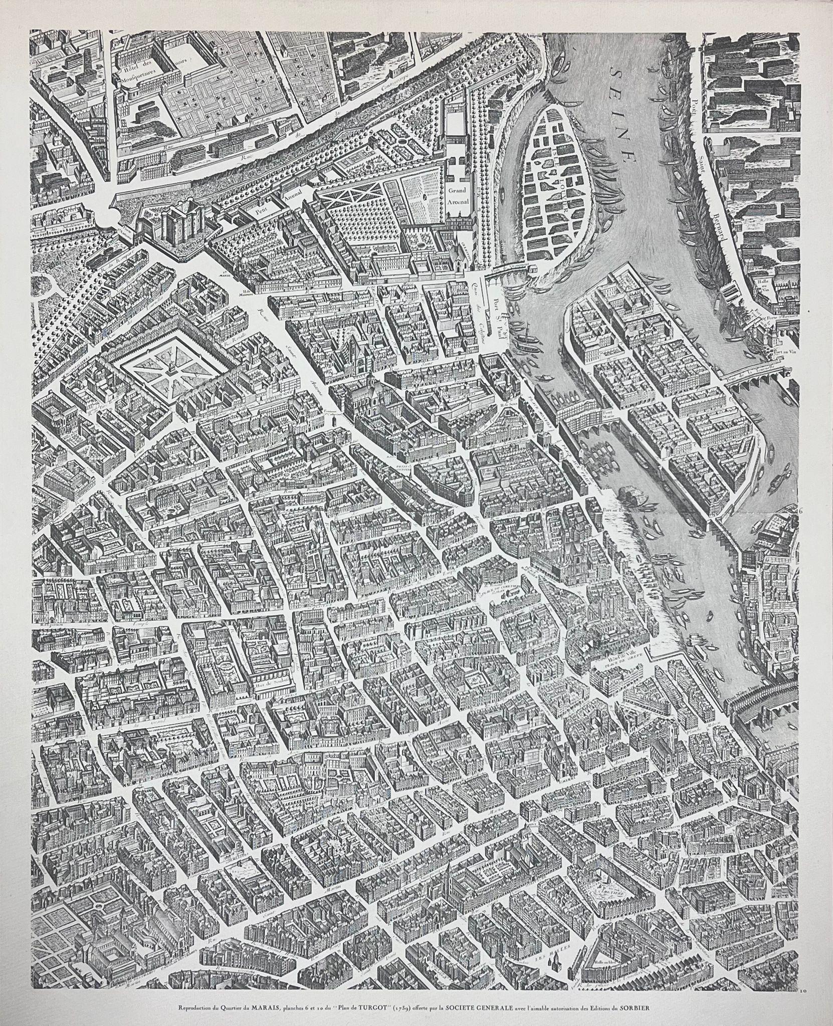 Vintage Black and White Ariel View Map Of Paris - Print by Josine Vignon