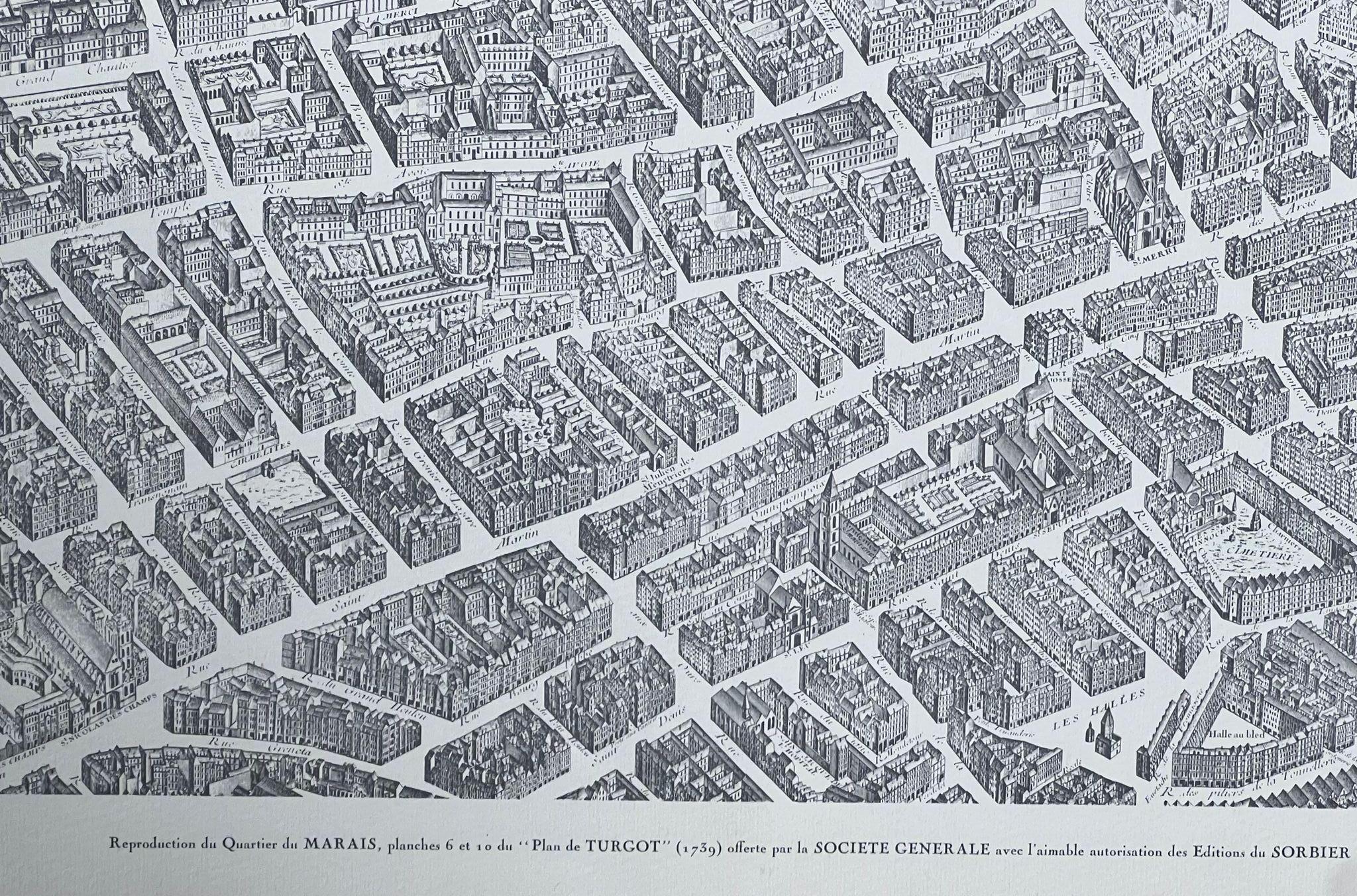 Vintage Black and White Ariel View Map Of Paris - Impressionist Print by Josine Vignon