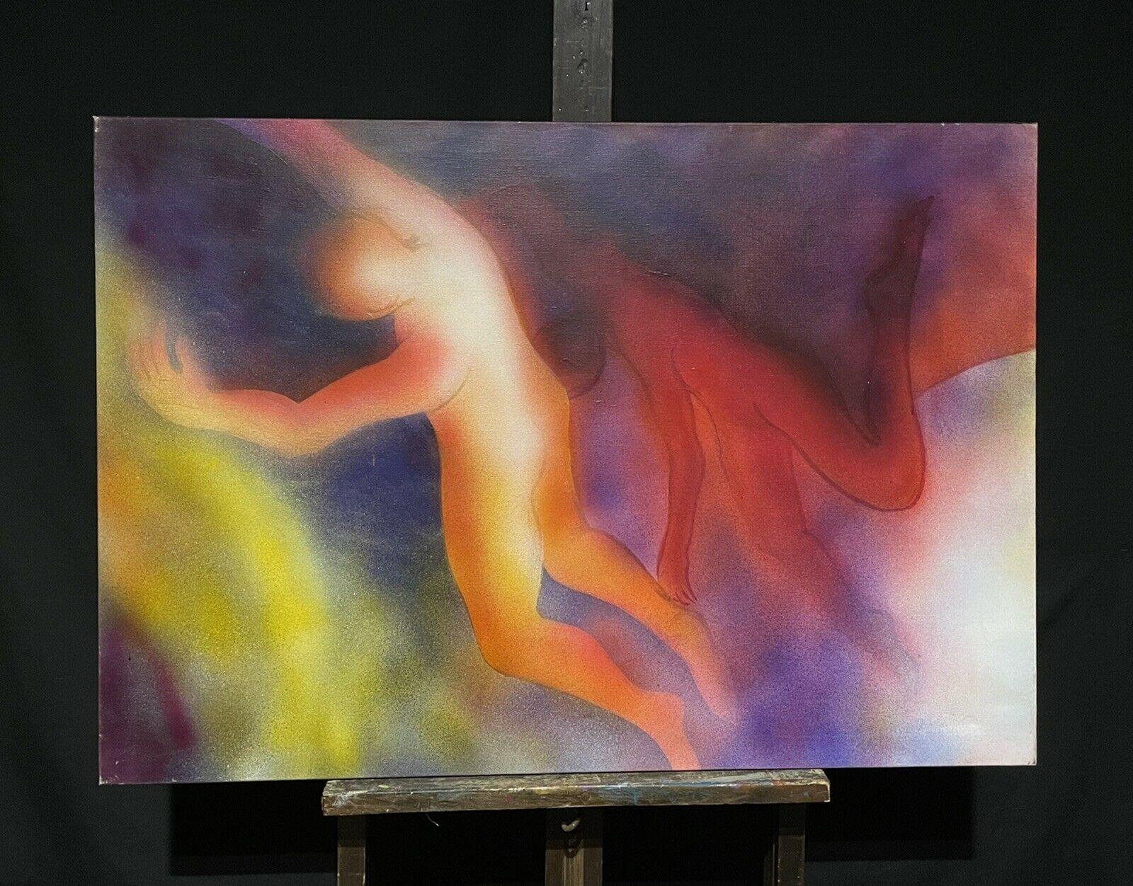 Großes französisches surrealistisches Ölgemälde mit schwebenden Figuren im Himmel, farbenfrohes Ölgemälde – Painting von Josnye Gallet