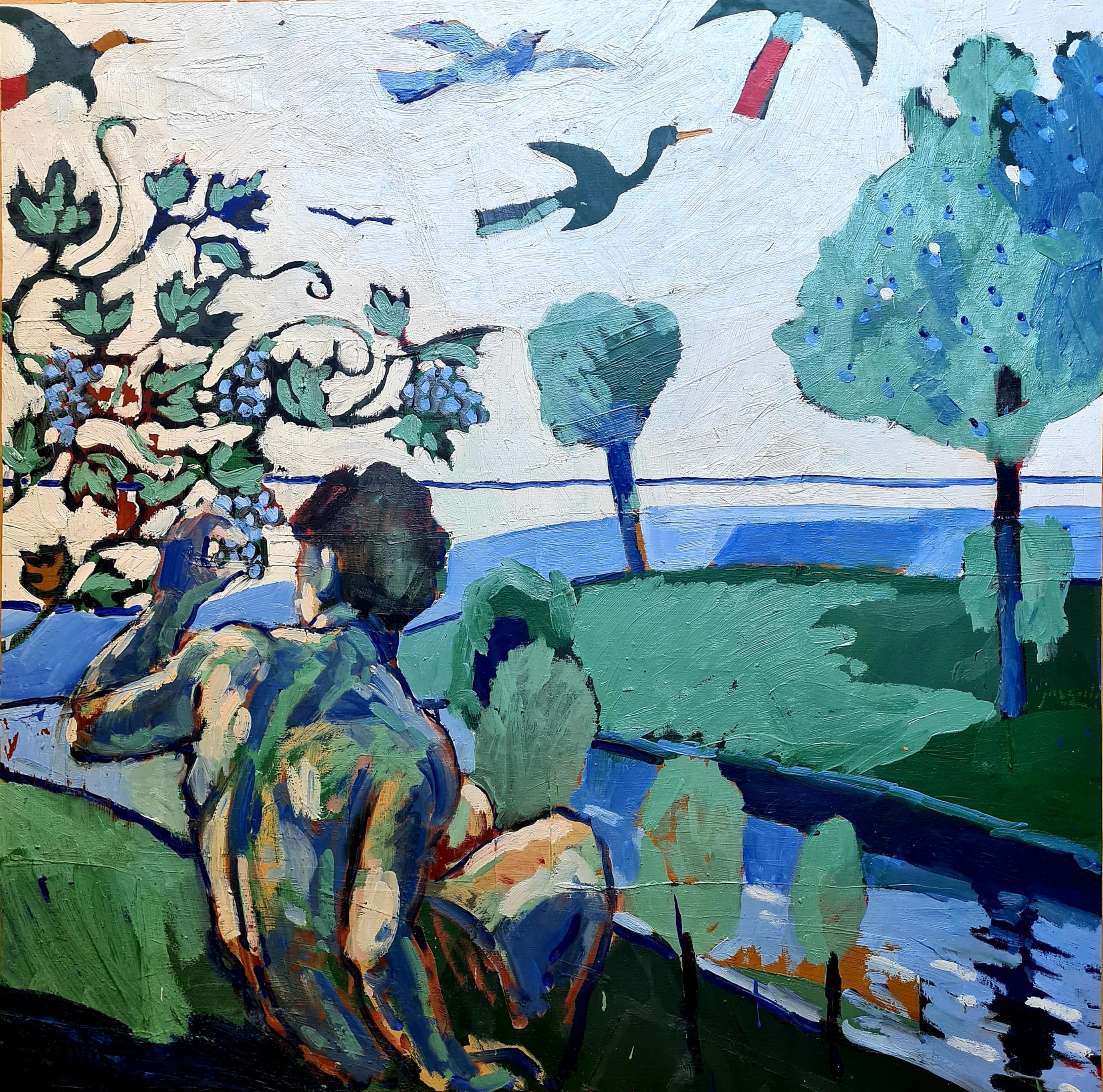 Figurative Painting di Josquin Pouillon - Nudo maschile in un ambiente rurale idilliaco, Adams