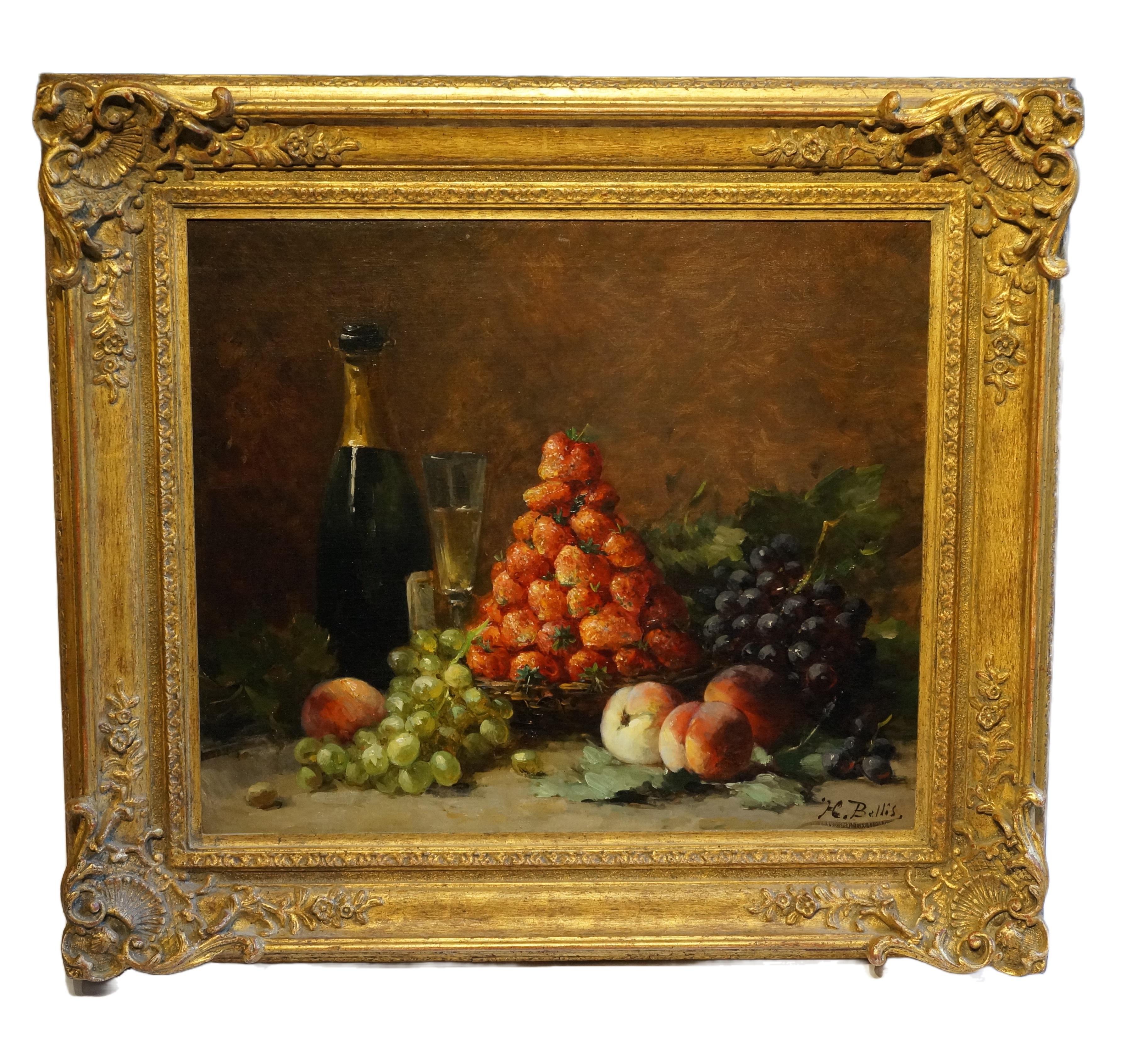 Still Life with strawberries and champagne - Painting by Josse-Lambert “Hubert” Bellis