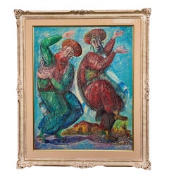 Israeli Jerusalem Judaica Hasidic Rabbi, Dancing Oil Painting Bezalel Art School
