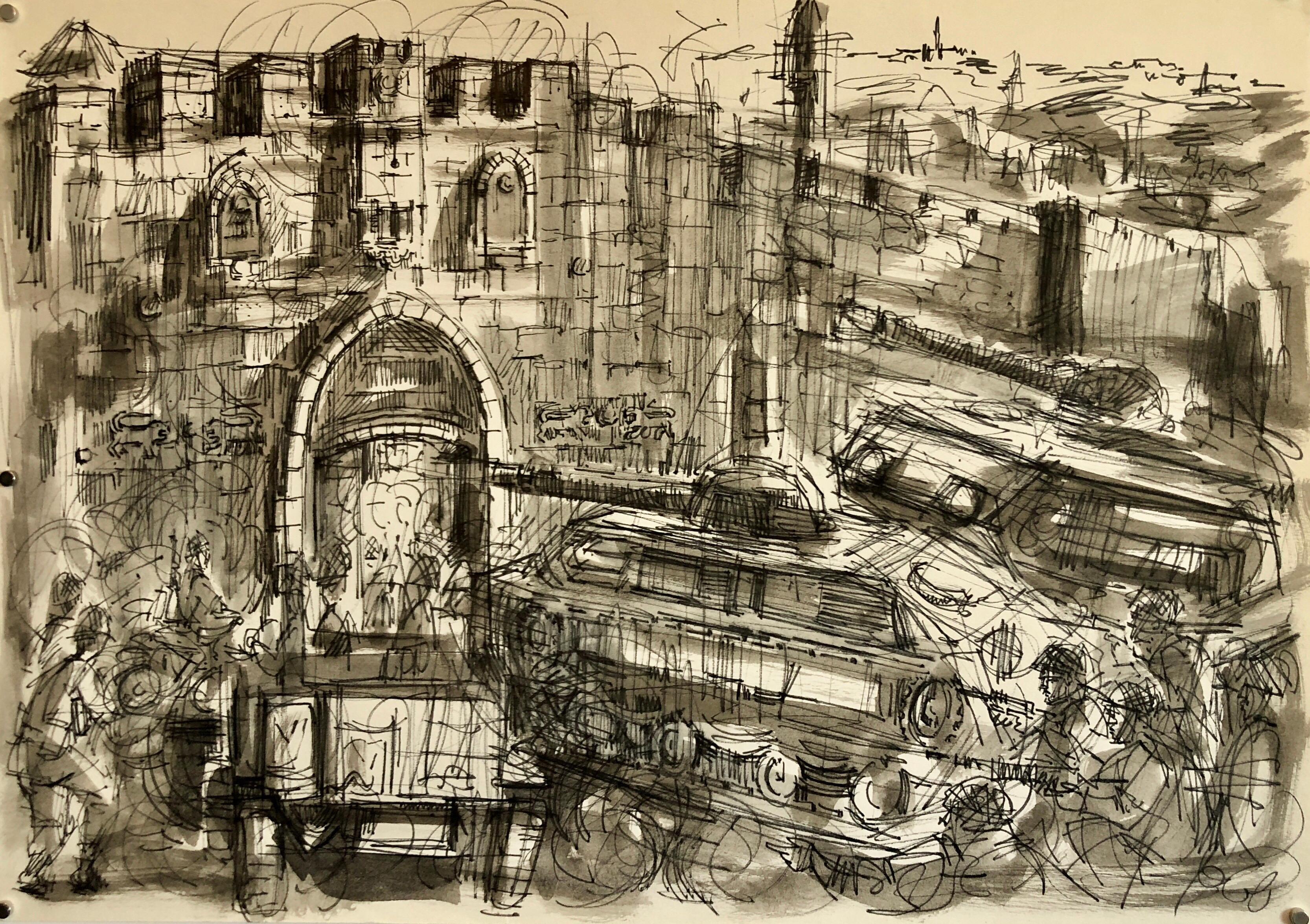 Israeli Watercolor Painting 1967 War Jerusalem Lions Gate Judaica Bezalel - Art by Jossi Stern