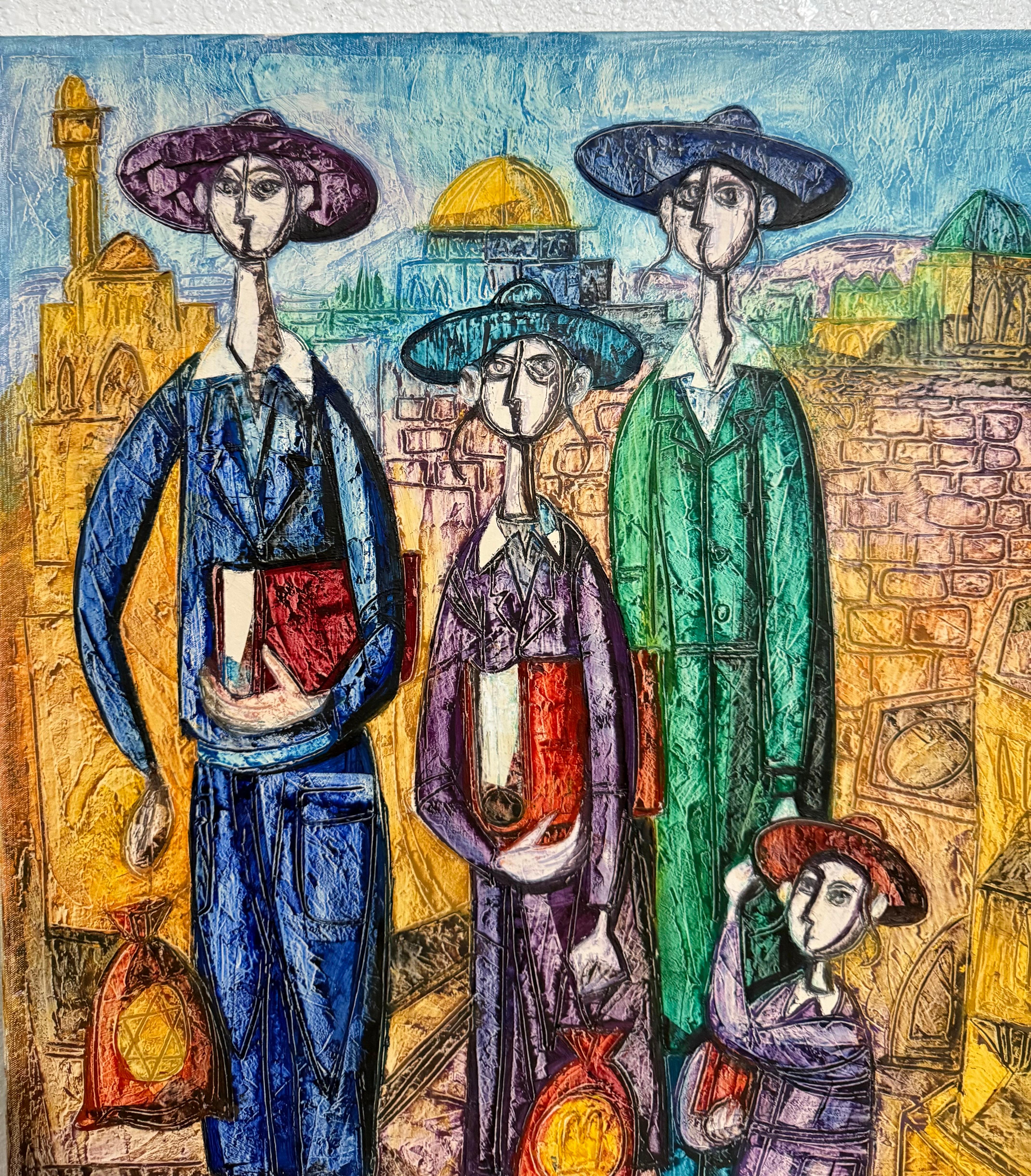 Jérusalem Famille hassidique Peinture à l'huile Israeli Judaica Yossi Stern Bezalel School - Painting de Jossi Stern