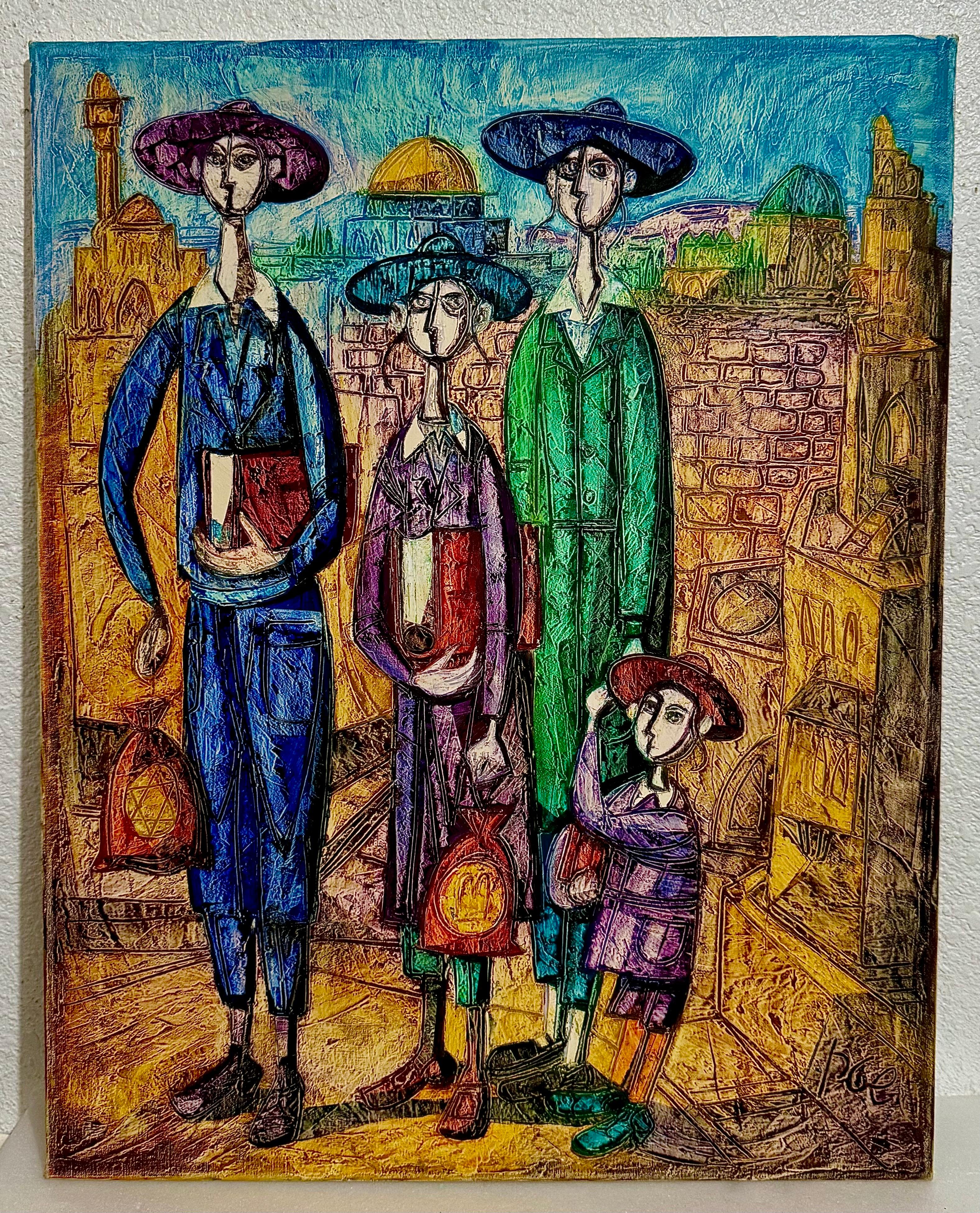 Jérusalem Famille hassidique Peinture à l'huile Israeli Judaica Yossi Stern Bezalel School - Moderne Painting par Jossi Stern