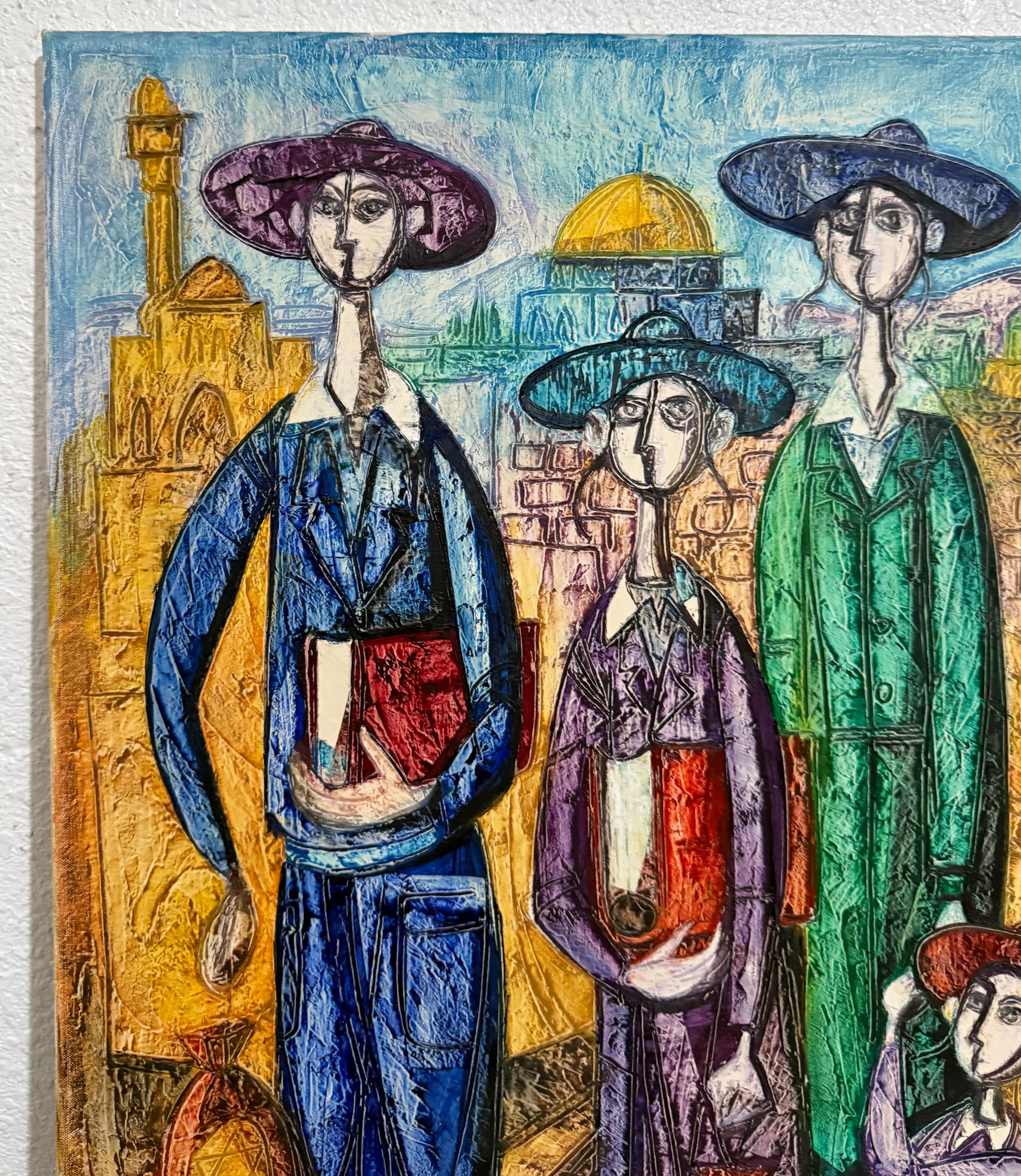 Jérusalem Famille hassidique Peinture à l'huile Israeli Judaica Yossi Stern Bezalel School - Noir Figurative Painting par Jossi Stern