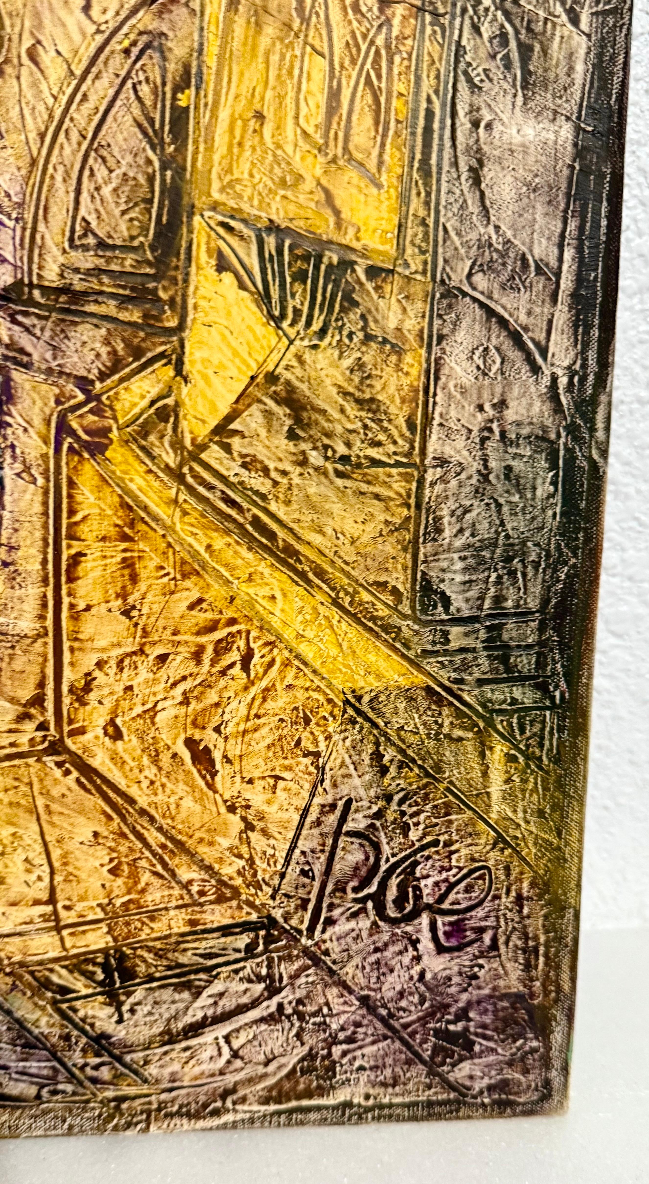 Jossi Stern (Israélien hongrois, 1923-1992)
Sans titre (figures, famille hassidique, père et fils), 
Huile sur toile, 
Signé à la main en bas à droite, 
Provenance : étiquette de la galerie (Safrai Art Gallery, Jérusalem) apposée au
