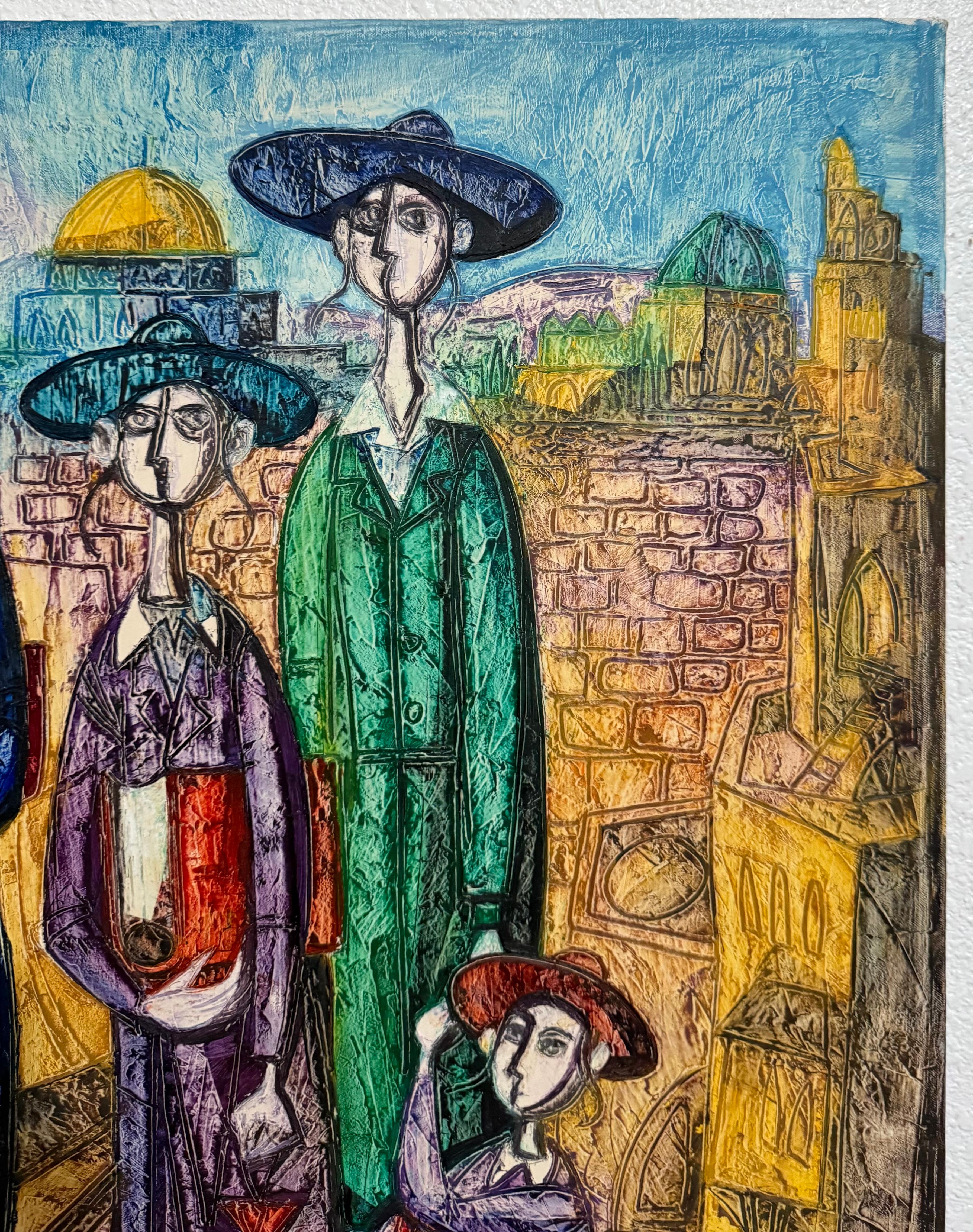 Jérusalem Famille hassidique Peinture à l'huile Israeli Judaica Yossi Stern Bezalel School en vente 2