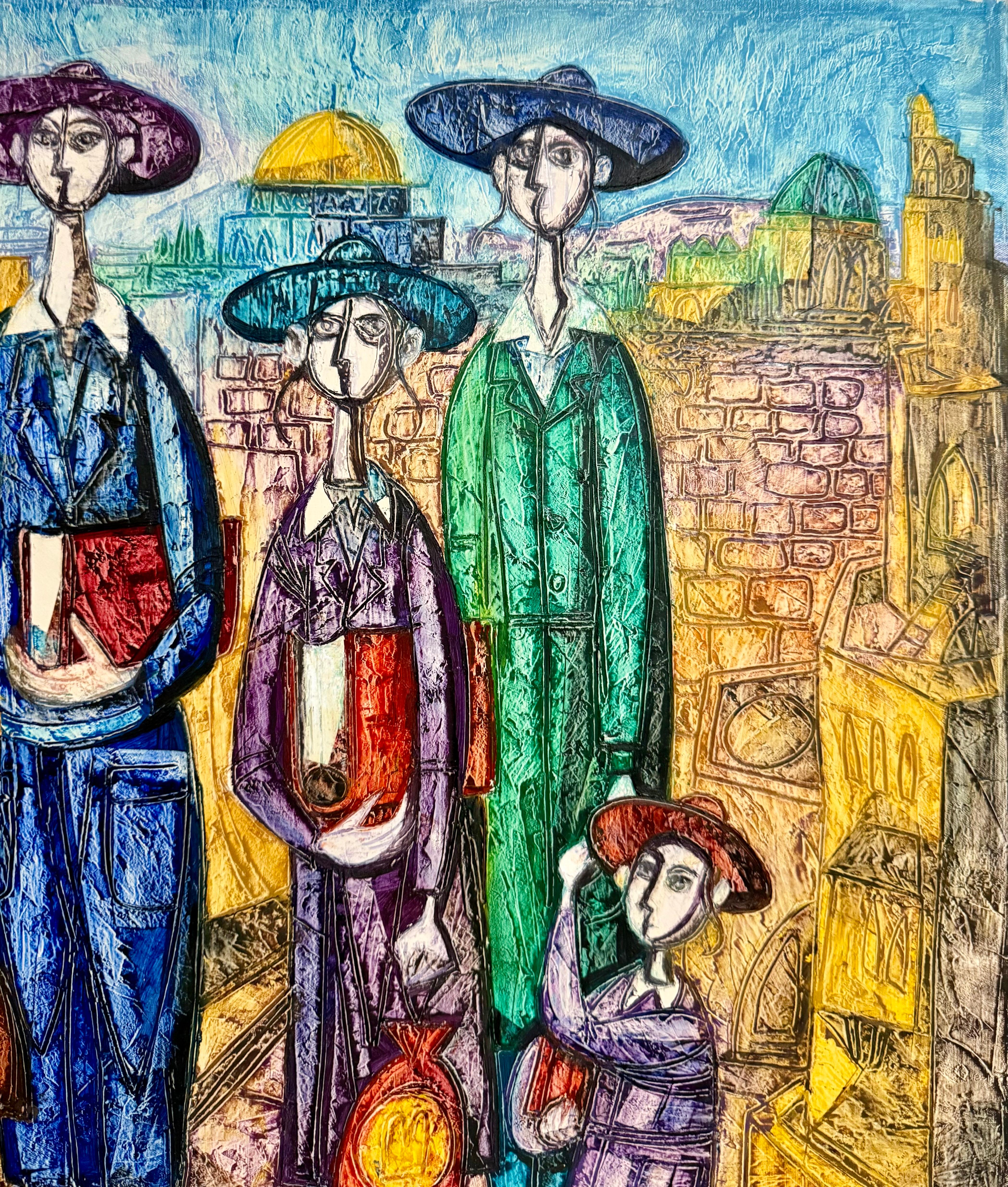 Jérusalem Famille hassidique Peinture à l'huile Israeli Judaica Yossi Stern Bezalel School en vente 4