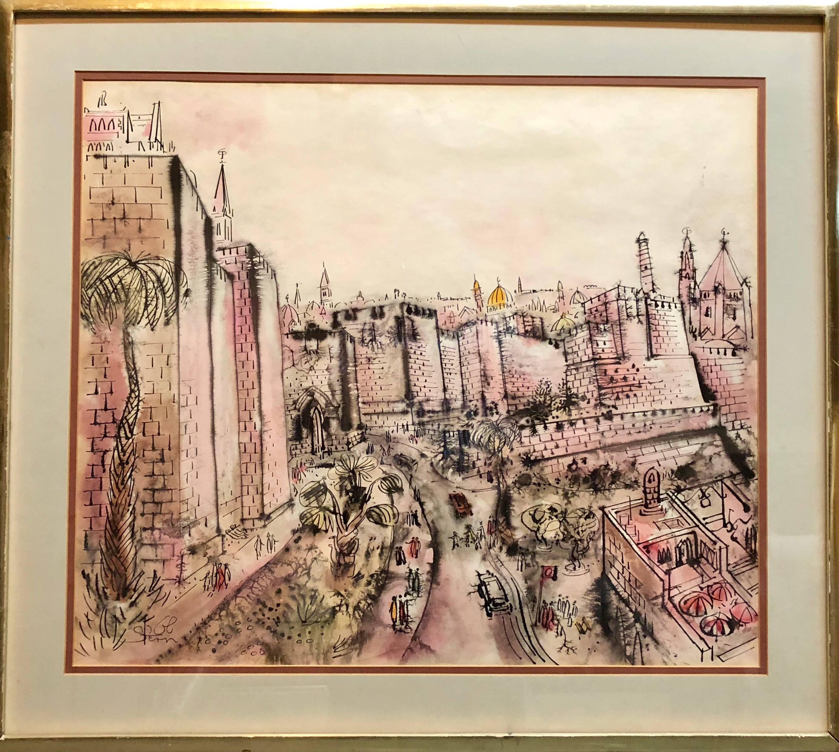  Vibrant Gouache and watercolor painting by Israeli master JOSSI STERN. on paper mounted to board. 31x34.75, 23.5x27.5 without frame.
Hungary, b. 1923, d. 1992
Jossi (Yossi) Stern, son of David and Katerina, was born in the Bakon Hills of Hungary,