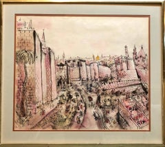 Old City Jerusalem City Walls landscape Scene Painting, Judaica