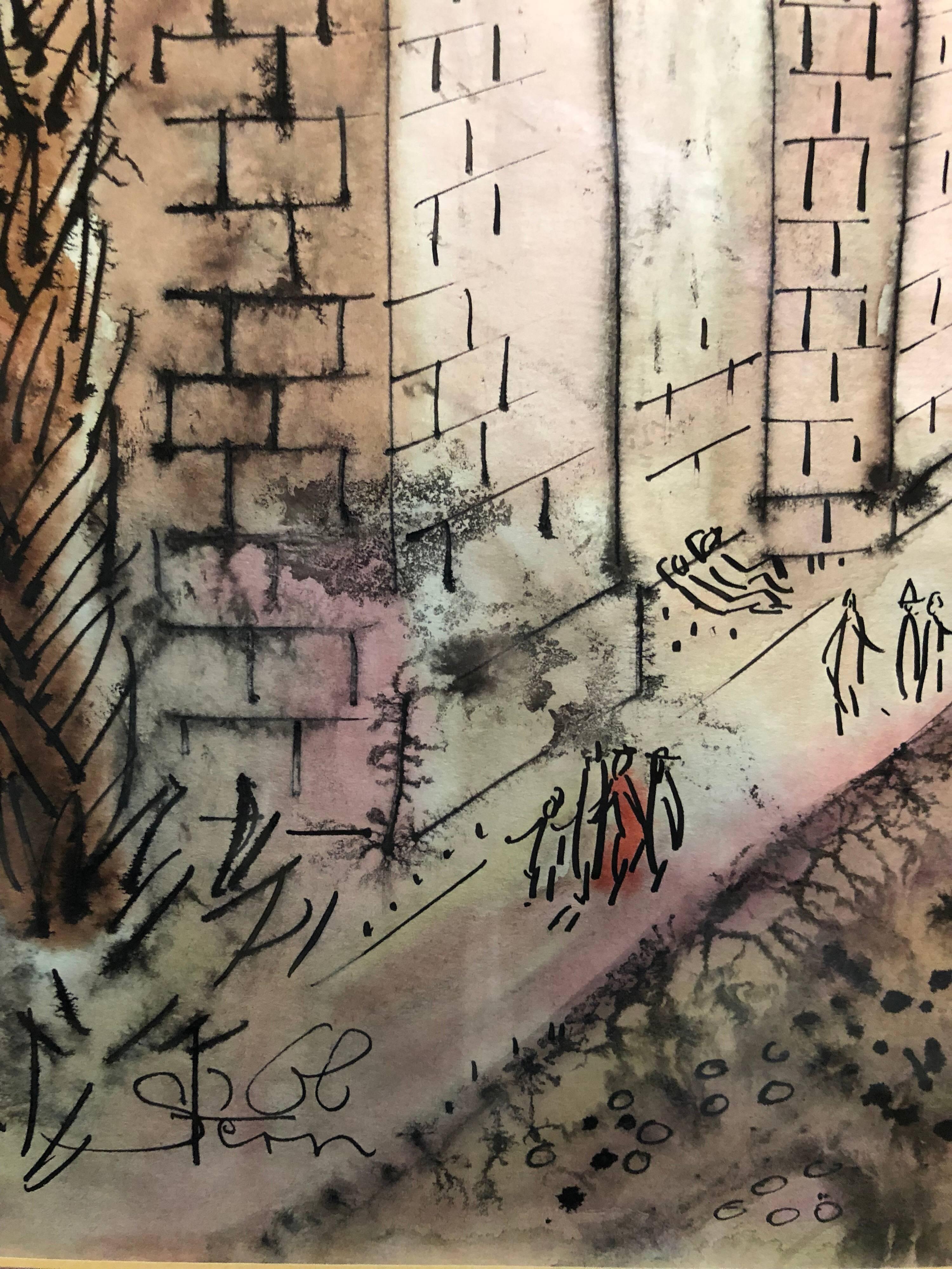 Old City Jerusalem City Walls landscape Scene Painting, Judaica For Sale 1