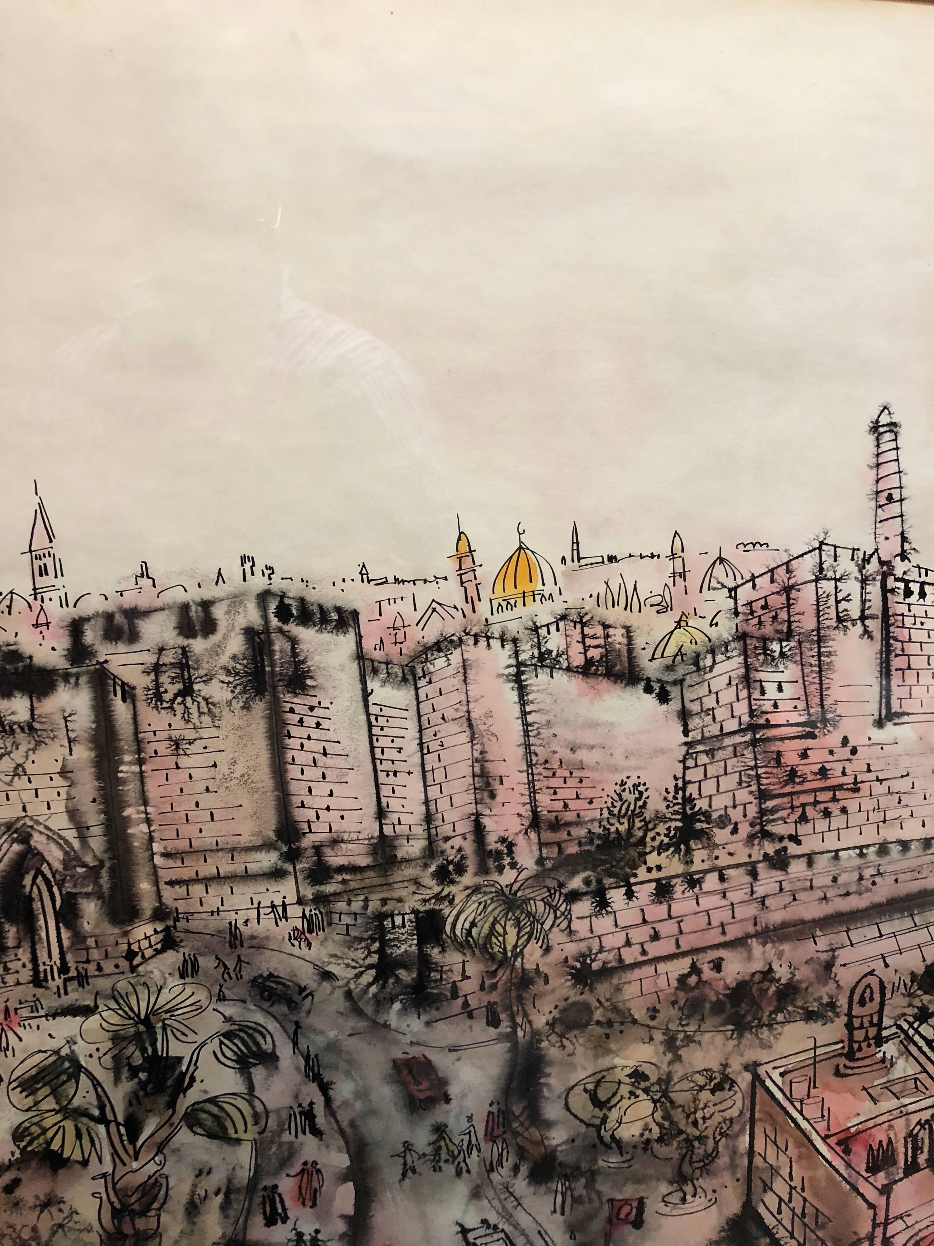 Old City Jerusalem City Walls landscape Scene Painting, Judaica For Sale 2