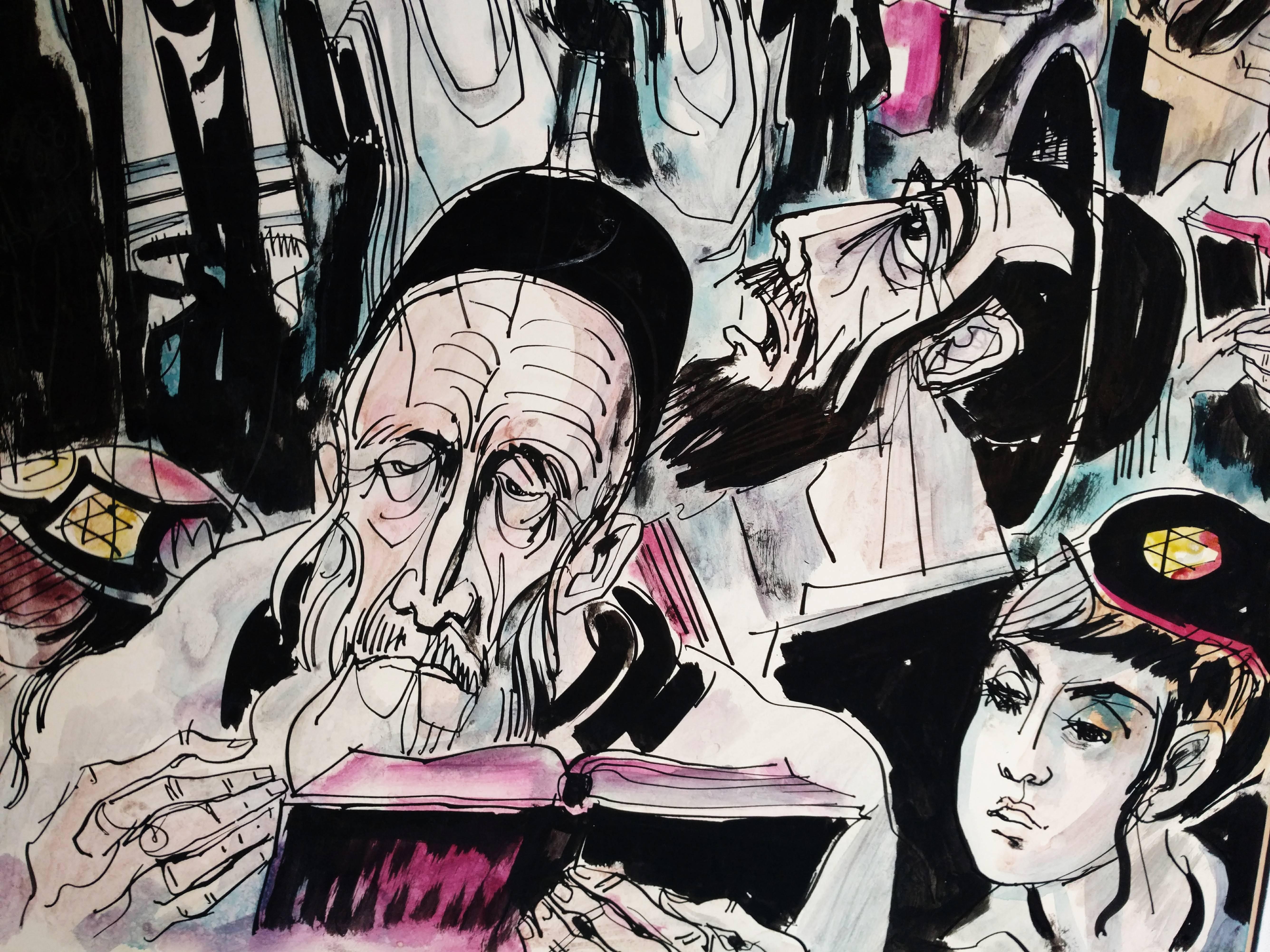 Rabbiner im Gebet, Westwand, Jerusalem Bar Mitzva-Szene, Judaica – Painting von Jossi Stern