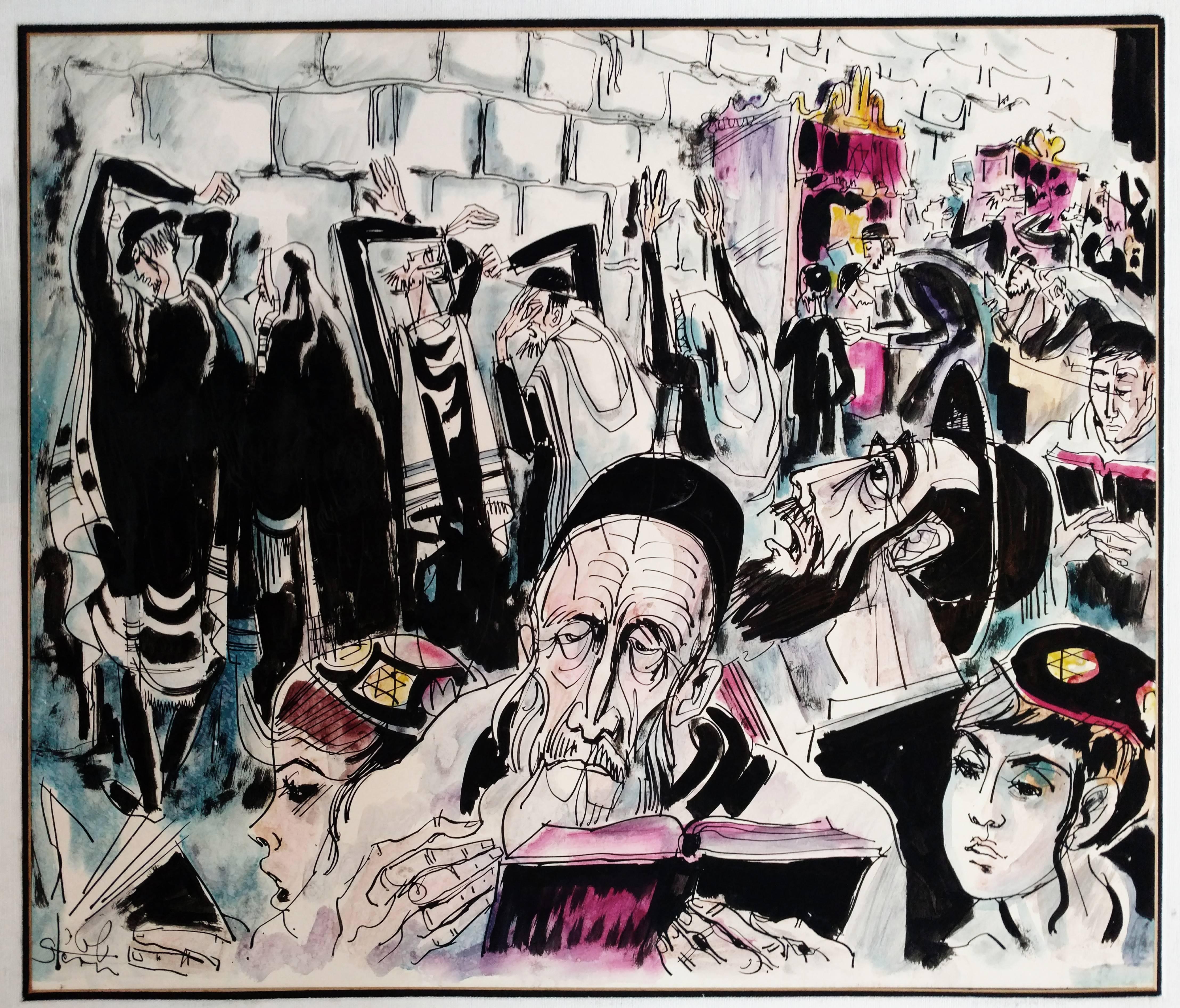 Jossi Stern Figurative Painting - Rabbi in Prayer, Western Wall, Jerusalem Bar Mitzva Scene, Judaica