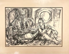 Israeli Jerusalem Judaica Sephardic Rabbi, Boy, Torah Art Drawing Bezalel School