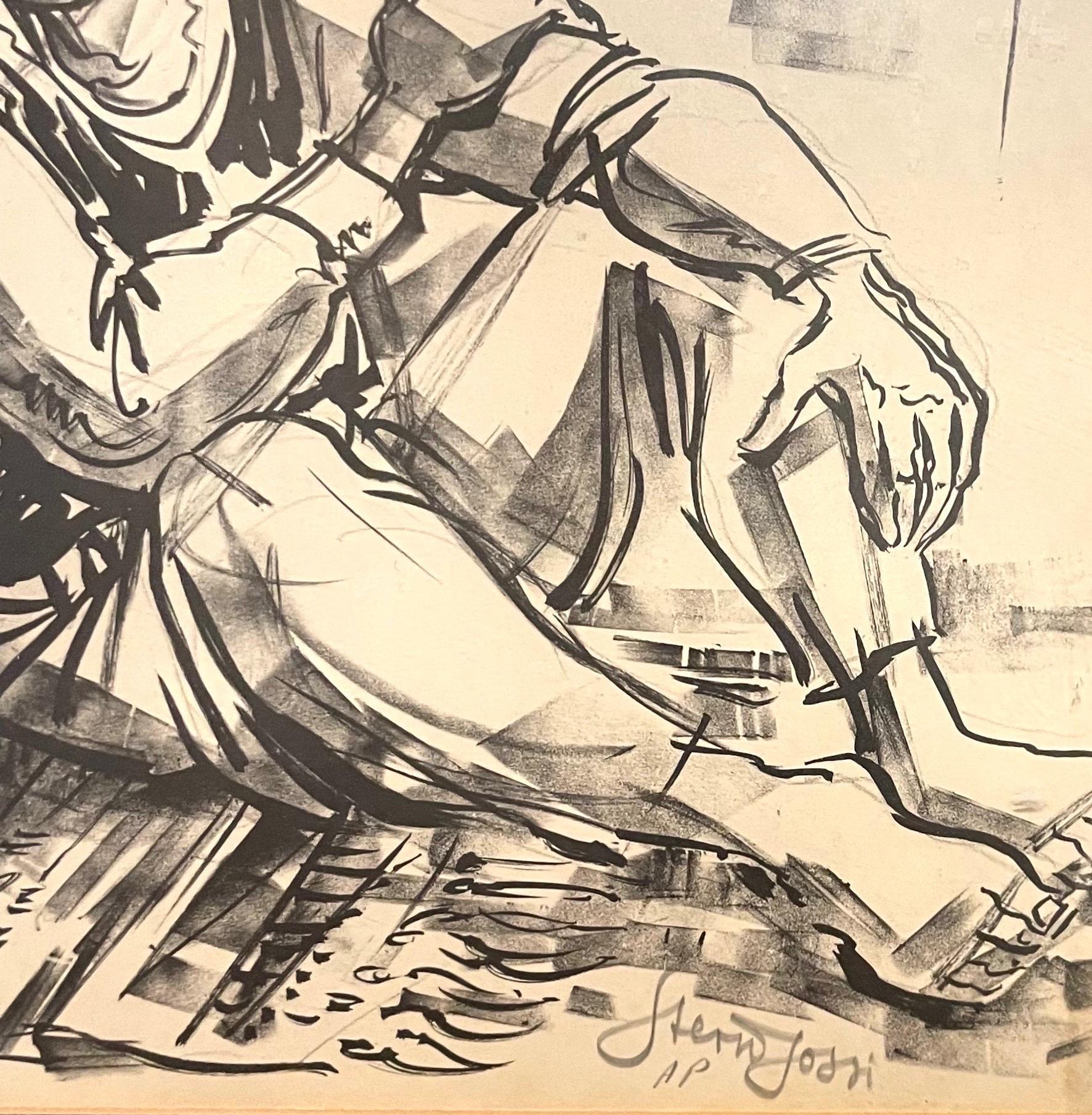 Israeli Jerusalem Judaica Sephardic Rabbi, Boy, Torah Art Drawing Bezalel School - Modern Print by Jossi Stern