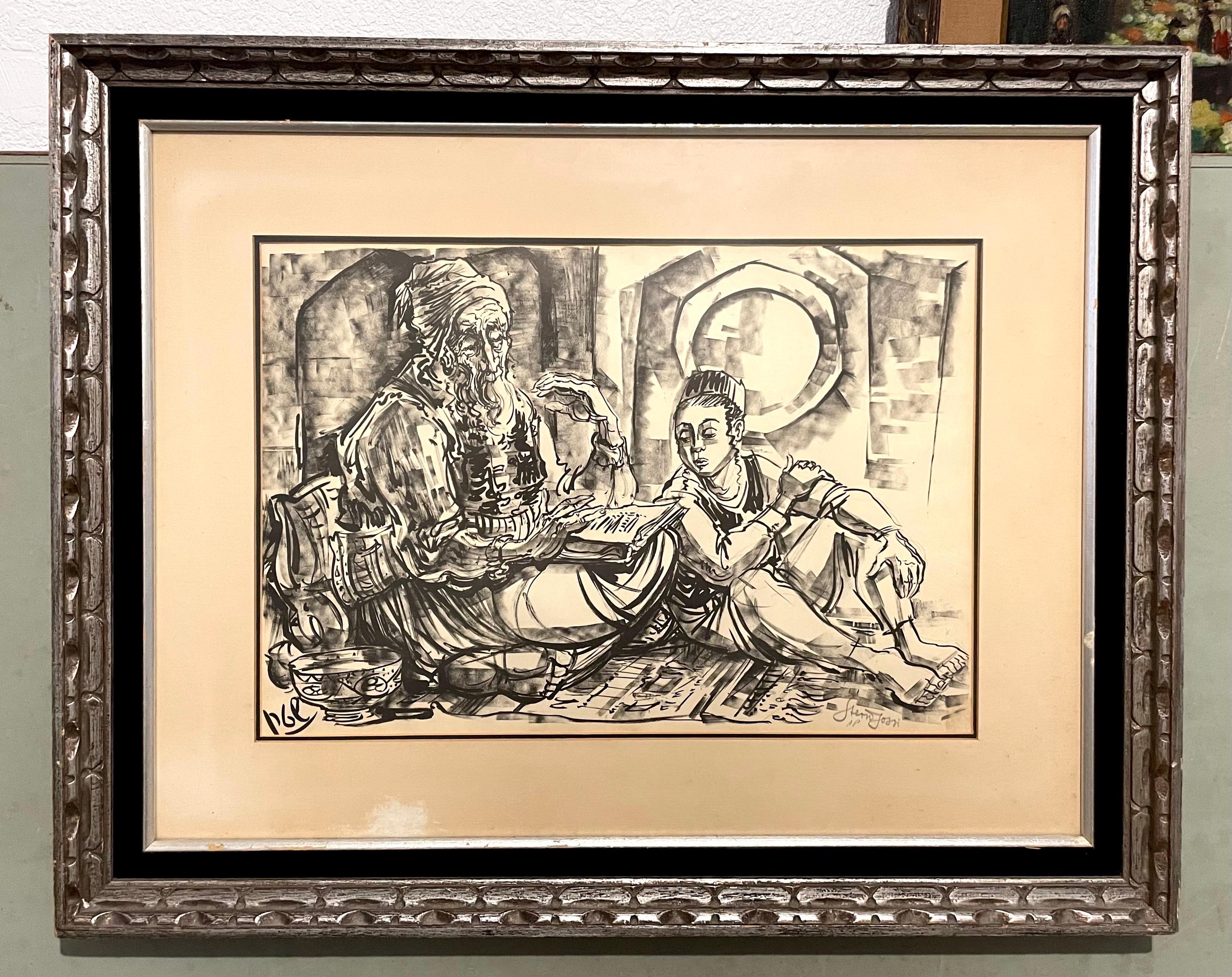 Israeli Jerusalem Judaica Sephardic Rabbi, Boy, Torah Art Drawing Bezalel School - Beige Figurative Print by Jossi Stern
