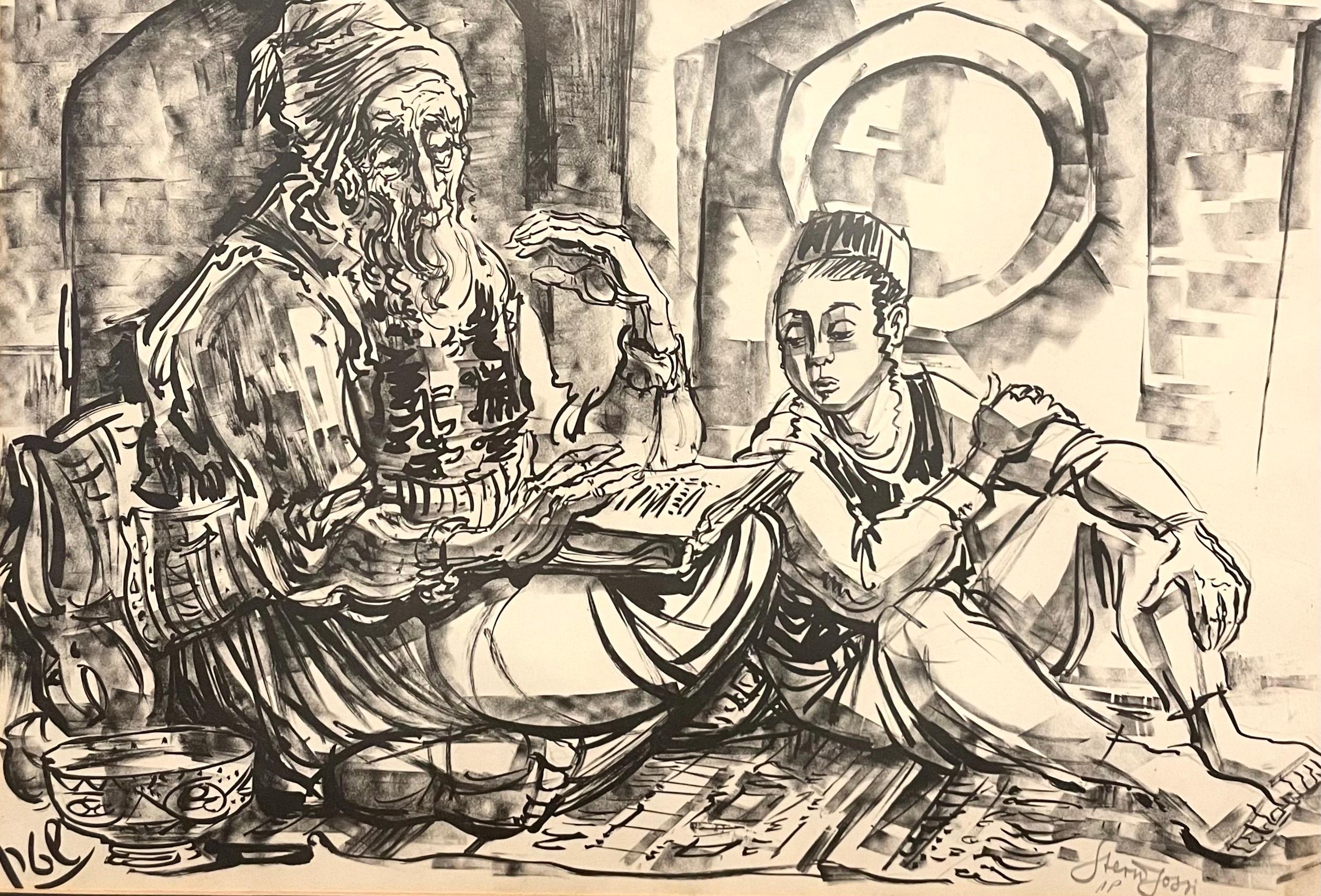 Jossi Stern Figurative Print - Israeli Jerusalem Judaica Sephardic Rabbi, Boy, Torah Art Drawing Bezalel School