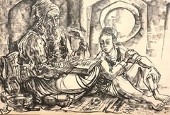 Israeli Jerusalem Judaica Sephardic Rabbi, Boy, Torah Art Drawing Bezalel School