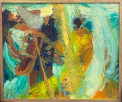1960's French Expressionist Abstract Painting Blur of Orange Green & Brown Color