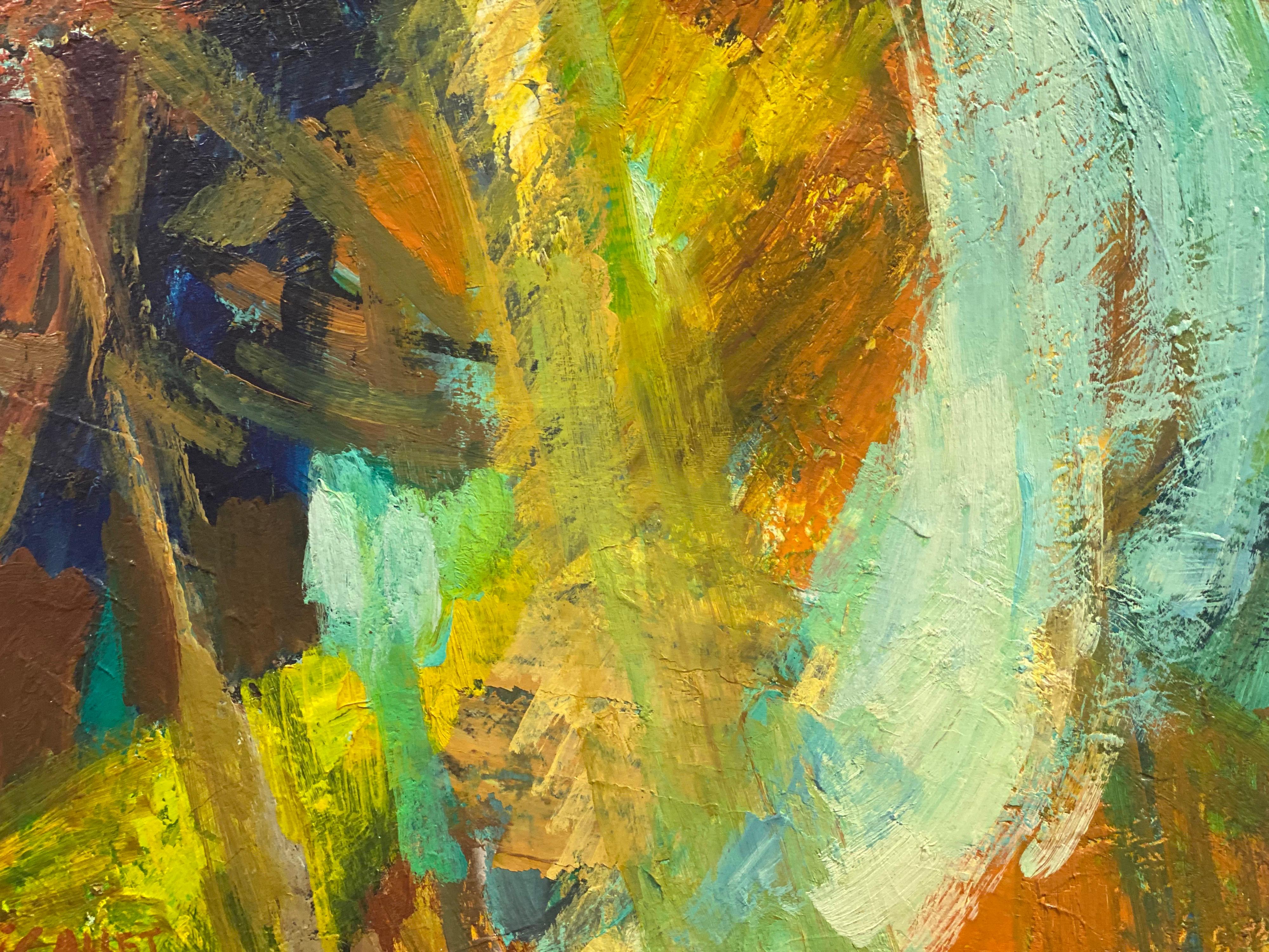 Artist/ School: Jostne Gallet, dated 1965

Title: Expressionist abstract blur of orange, brown and green colors. 

Medium: signed oil painting on canvas, framed and inscribed verso.

framed: 26.5 x 22 inches
canvas: 25.5 x 21.5 inches

Provenance: