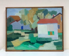 French Cubist Village Houses in Landscape, 1950's French signed oil painting