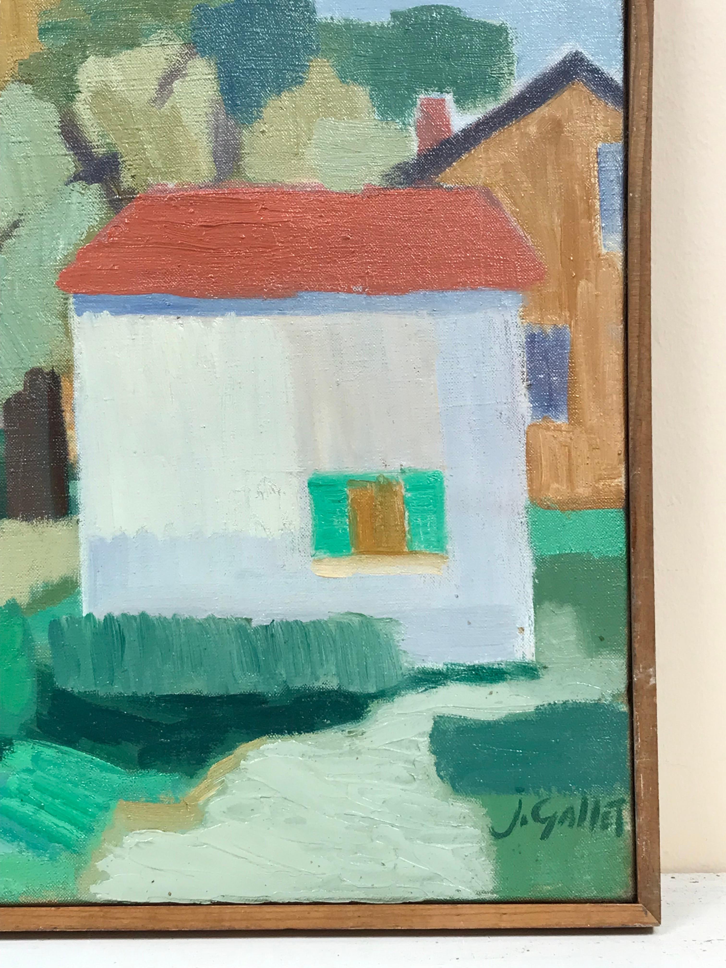 Villages cubistes français dans un paysage, peinture à l'huile française des années 1950, signée - Cubisme Painting par Jostne Gallet