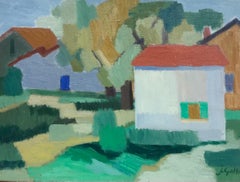 Villages cubistes français dans un paysage, peinture à l'huile française des années 1950, signée