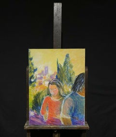 French Modernist Signed Oil, Figures in Golden Green Landscape