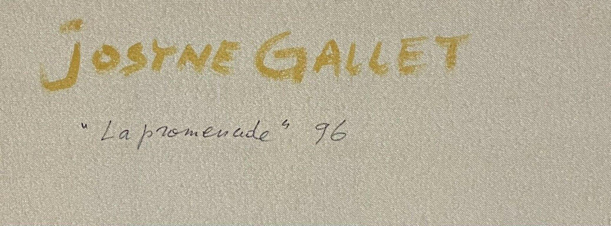 Óleo francés modernista firmado, Figuras en paisaje verde dorado en venta 1