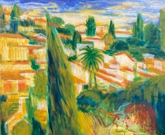 Retro St. Paul de Vence South of France, Large French Oil Painting Bright Colors