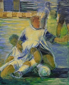 La rencontre de football, grande peinture à l'huile originale française du 20e siècle