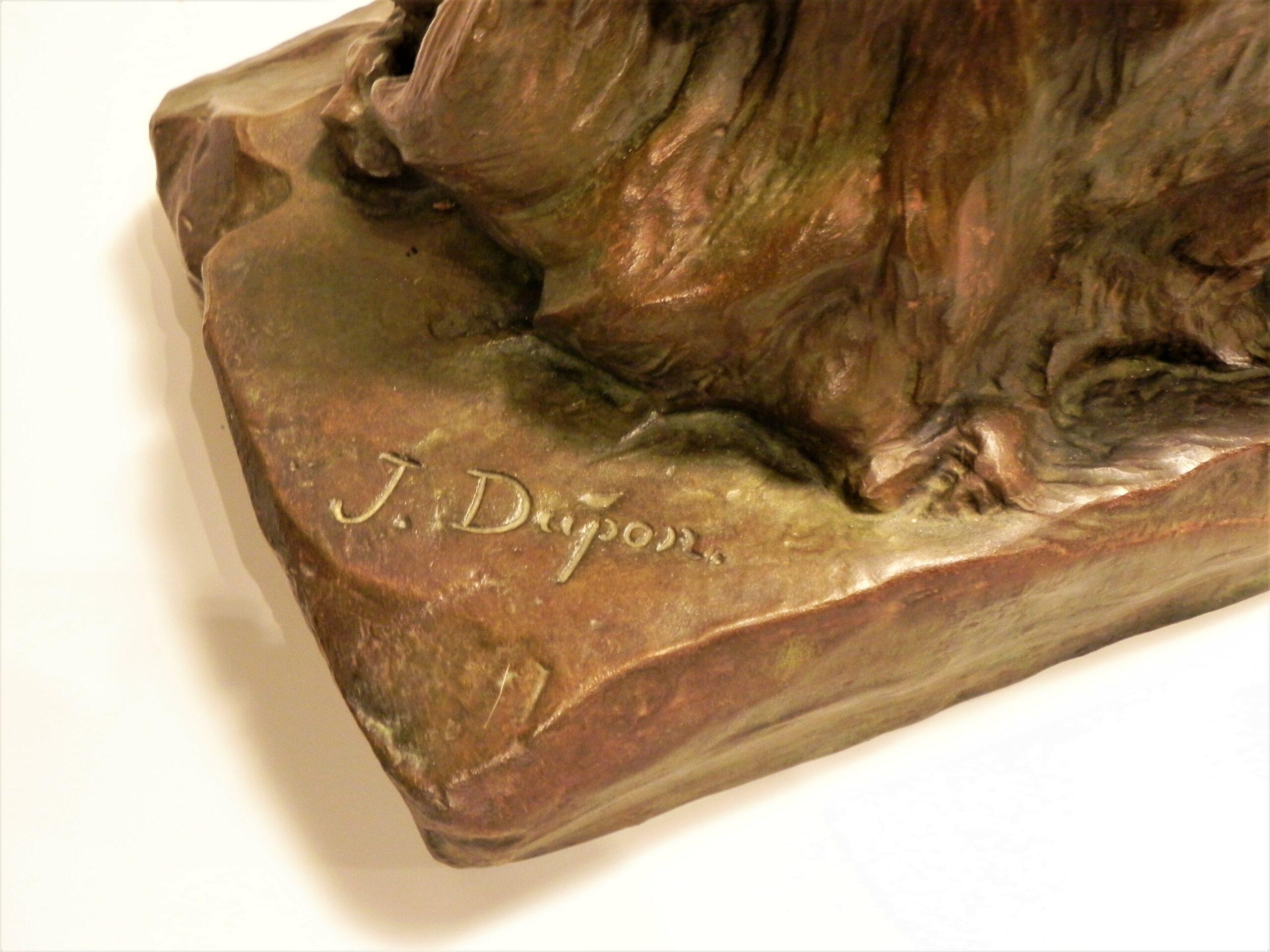 Lion couché (Ca 1900)
Une belle sculpture en bronze représentant un lion couché sur un rocher.  Cette statue de Josuë Dupon (1864 -1935) est dotée d'une  patine brune rougeâtre avec des reflets verts. Signé Josuë Dupon sur la terrasse.

Titre : Lion